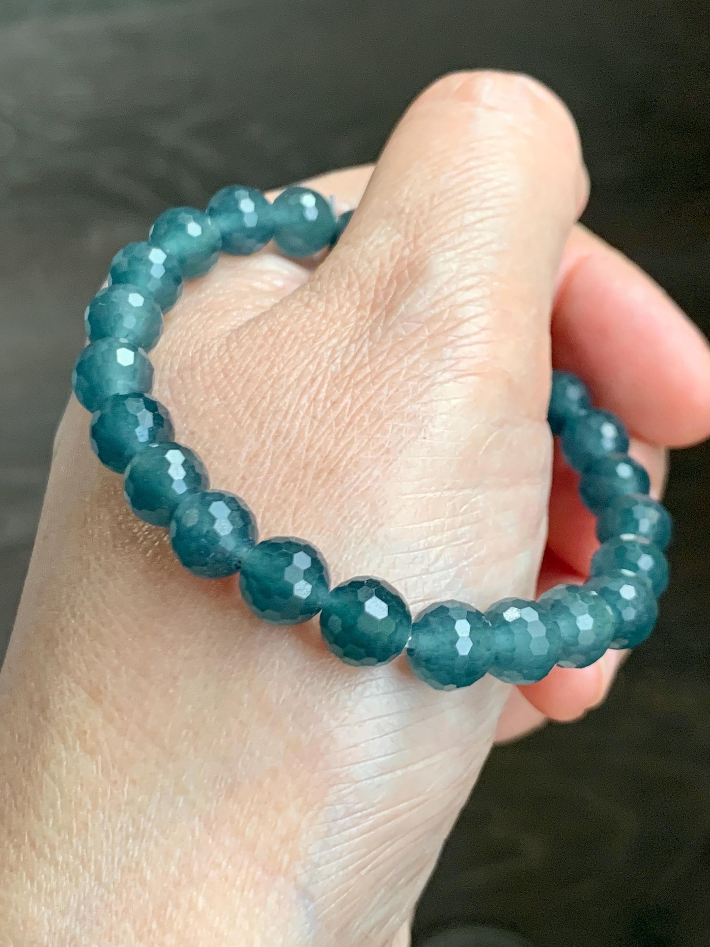 Certified Natural Grade A Guatemalan Icy Translucent Dark Teal Blue Faceted Jade Jadeite Beaded Bracelet 7.6mm 7” 17.4g 天然冰危蓝翡翠切割面圆珠手串 277