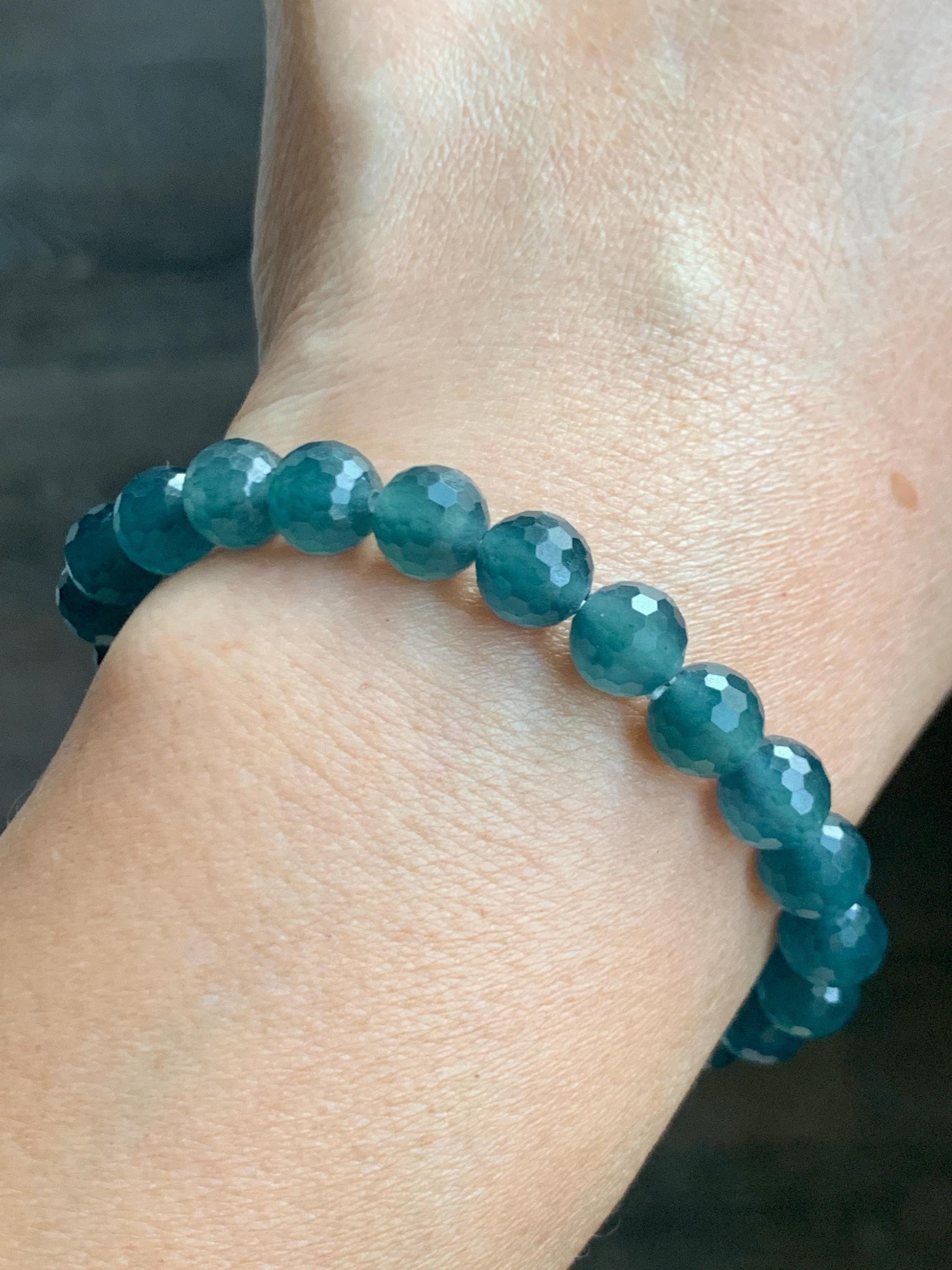 Certified Natural Grade A Guatemalan Icy Translucent Dark Teal Blue Faceted Jade Jadeite Beaded Bracelet 7.6mm 7” 17.4g 天然冰危蓝翡翠切割面圆珠手串 277