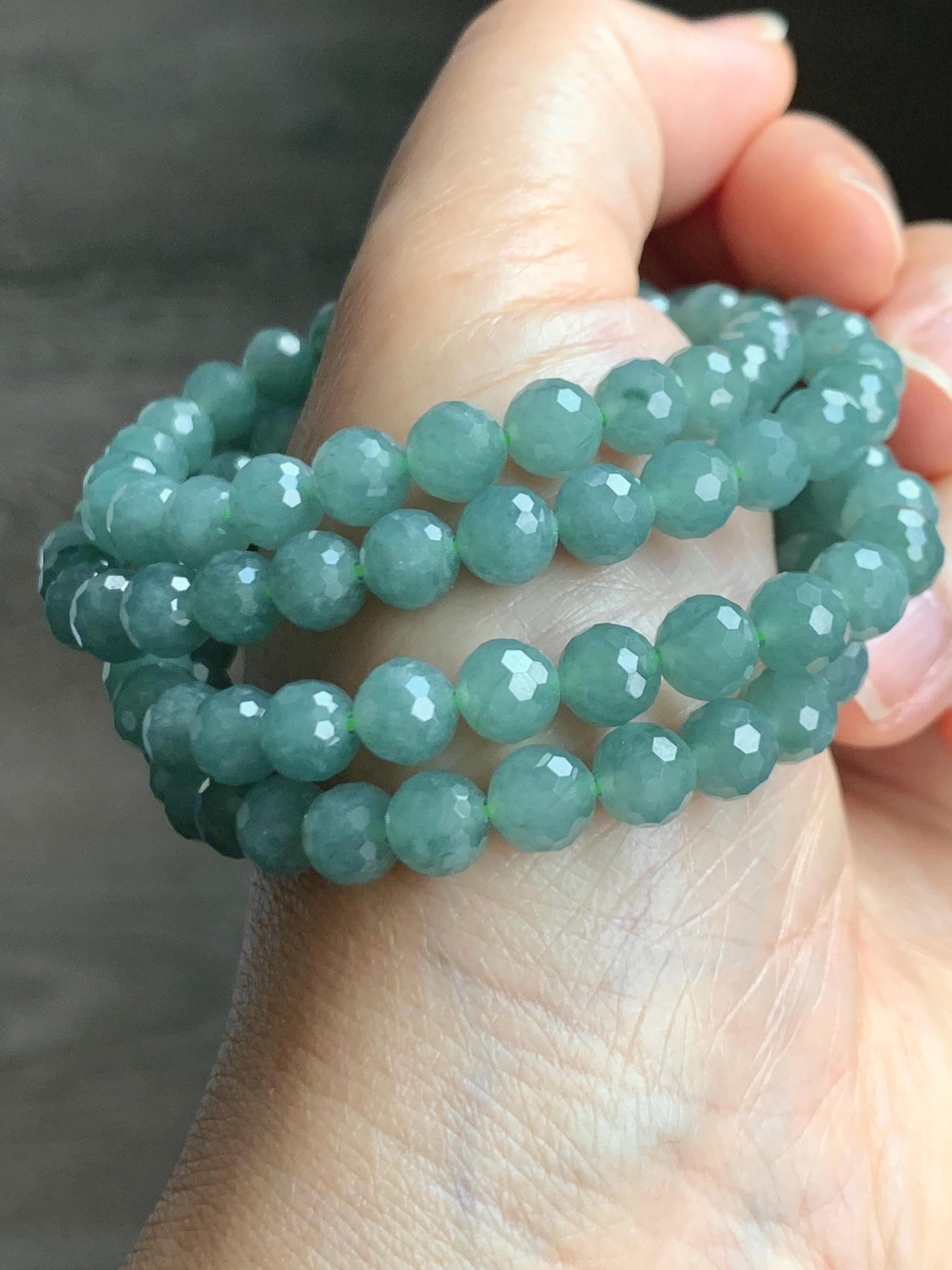 Natural Grade A Guatemalan Icy Translucent Dusty Teal Faceted Jade Jadeite Beads Beaded Necklace 6.6mm 27” 52g 天然冰危蓝翡翠切割珠项链 QGN440