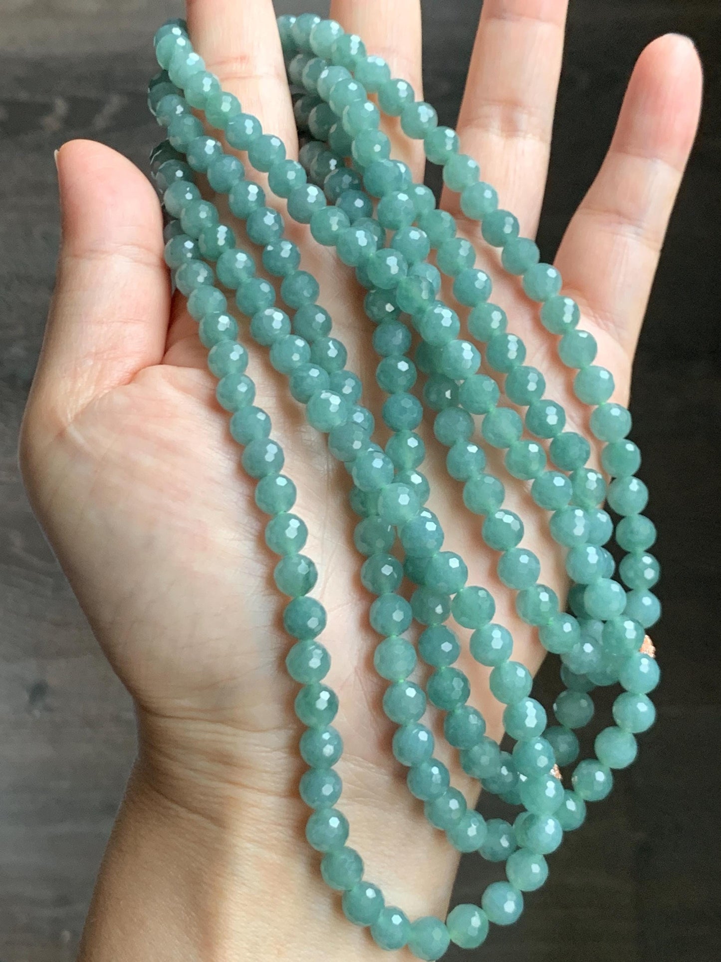 Natural Grade A Guatemalan Icy Translucent Dusty Teal Faceted Jade Jadeite Beads Beaded Necklace 6.6mm 27” 52g 天然冰危蓝翡翠切割珠项链 QGN440