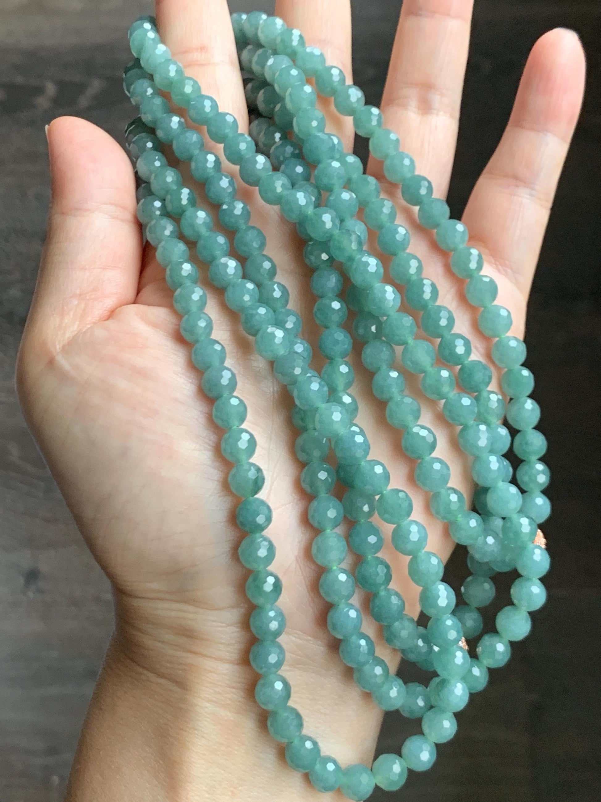 Natural Grade A Guatemalan Icy Translucent Dusty Teal Faceted Jade Jadeite Beads Beaded Necklace 6.6mm 27” 52g 天然冰危蓝翡翠切割珠项链 QGN440