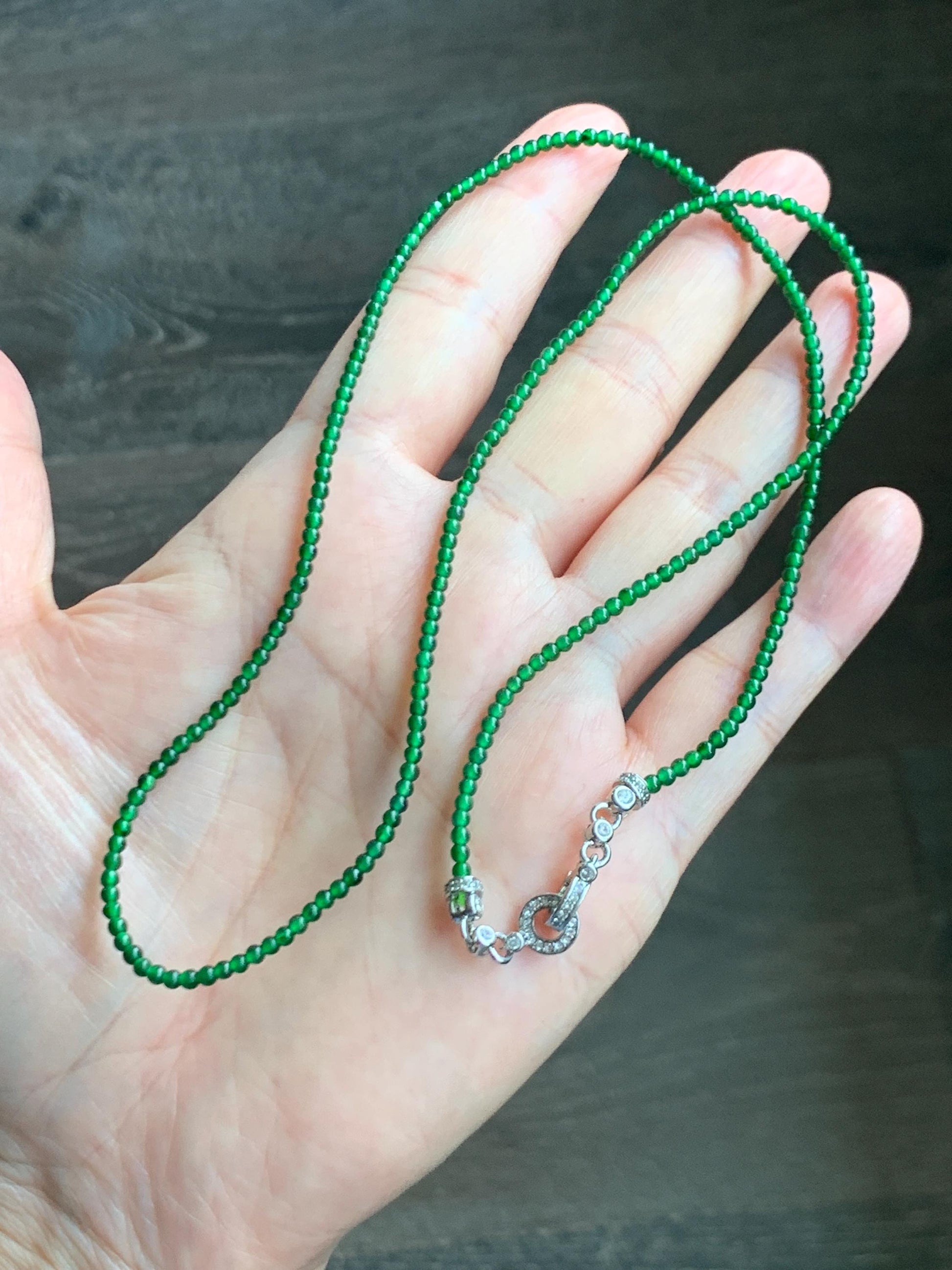 Natural Grade A Guatemalan Icy Translucent Vibrant Green Jade Jadeite Petite Beads Beaded Necklace 2.4mm 21.5" 7g 天然冰危绿翡翠小圆珠项链 XWL272