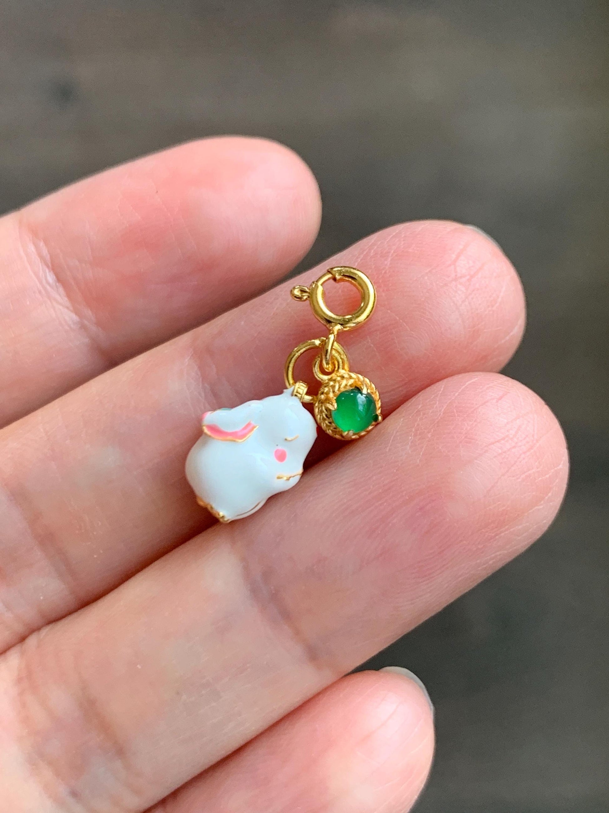 Natural Grade A Guatemalan Icy Translucent Vibrant Green Jade Jadeite Enamel Petite Rabbit or Unicorn Charm Pendant Sterling Silver WLDL44-A