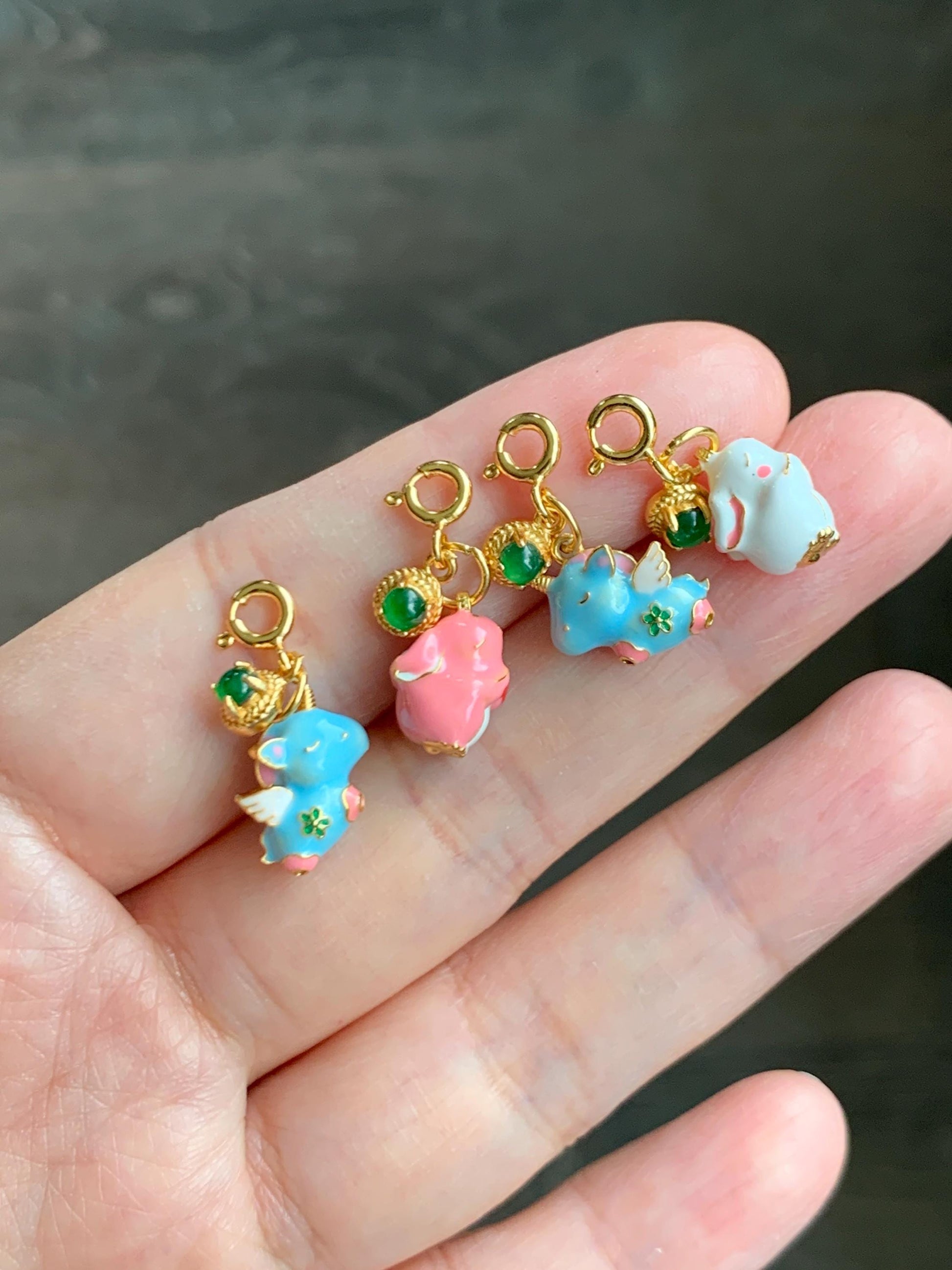 Natural Grade A Guatemalan Icy Translucent Vibrant Green Jade Jadeite Enamel Petite Rabbit or Unicorn Charm Pendant Sterling Silver WLDL44-A