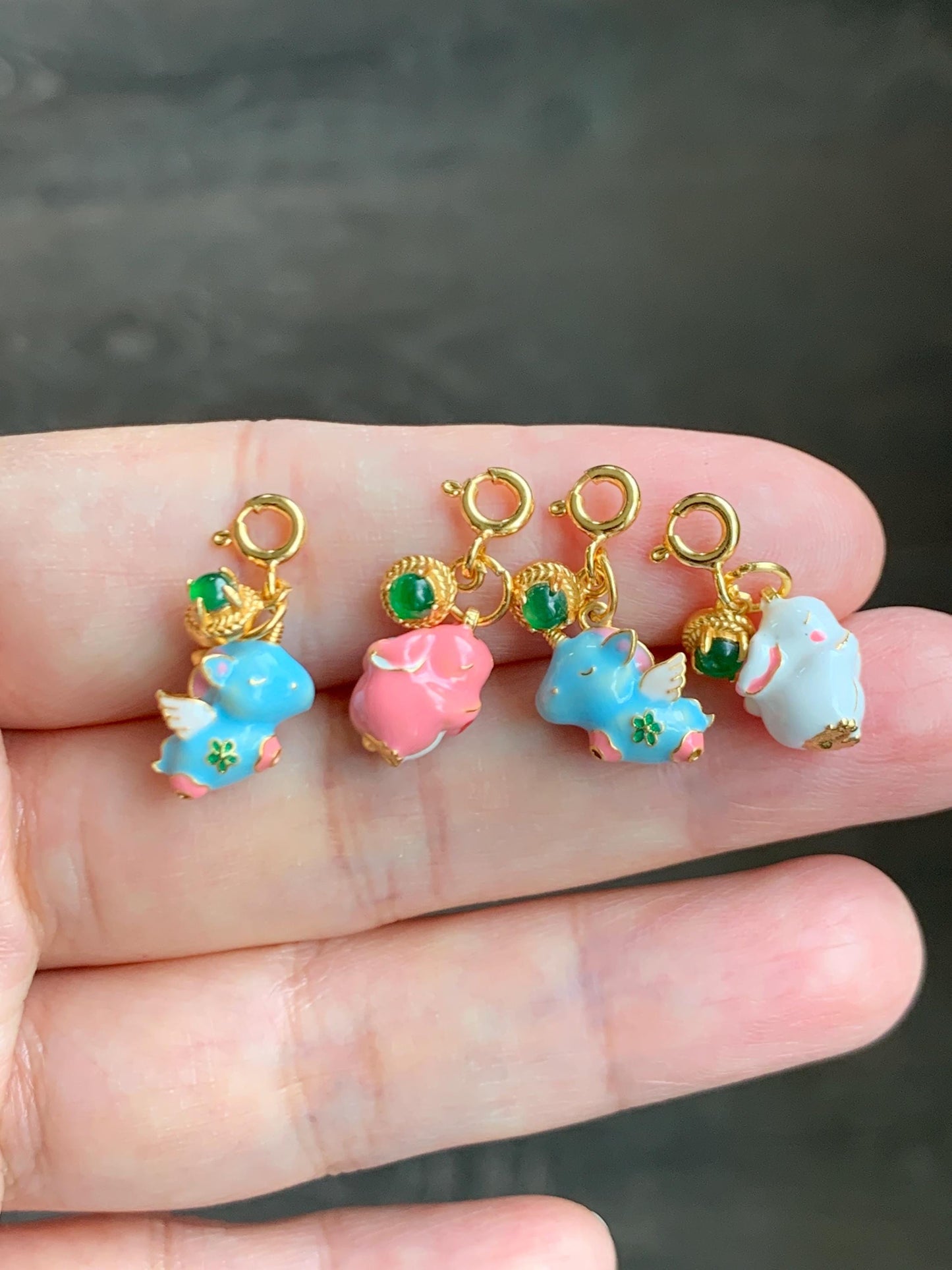 Natural Grade A Guatemalan Icy Translucent Vibrant Green Jade Jadeite Enamel Petite Rabbit or Unicorn Charm Pendant Sterling Silver WLDL44-A