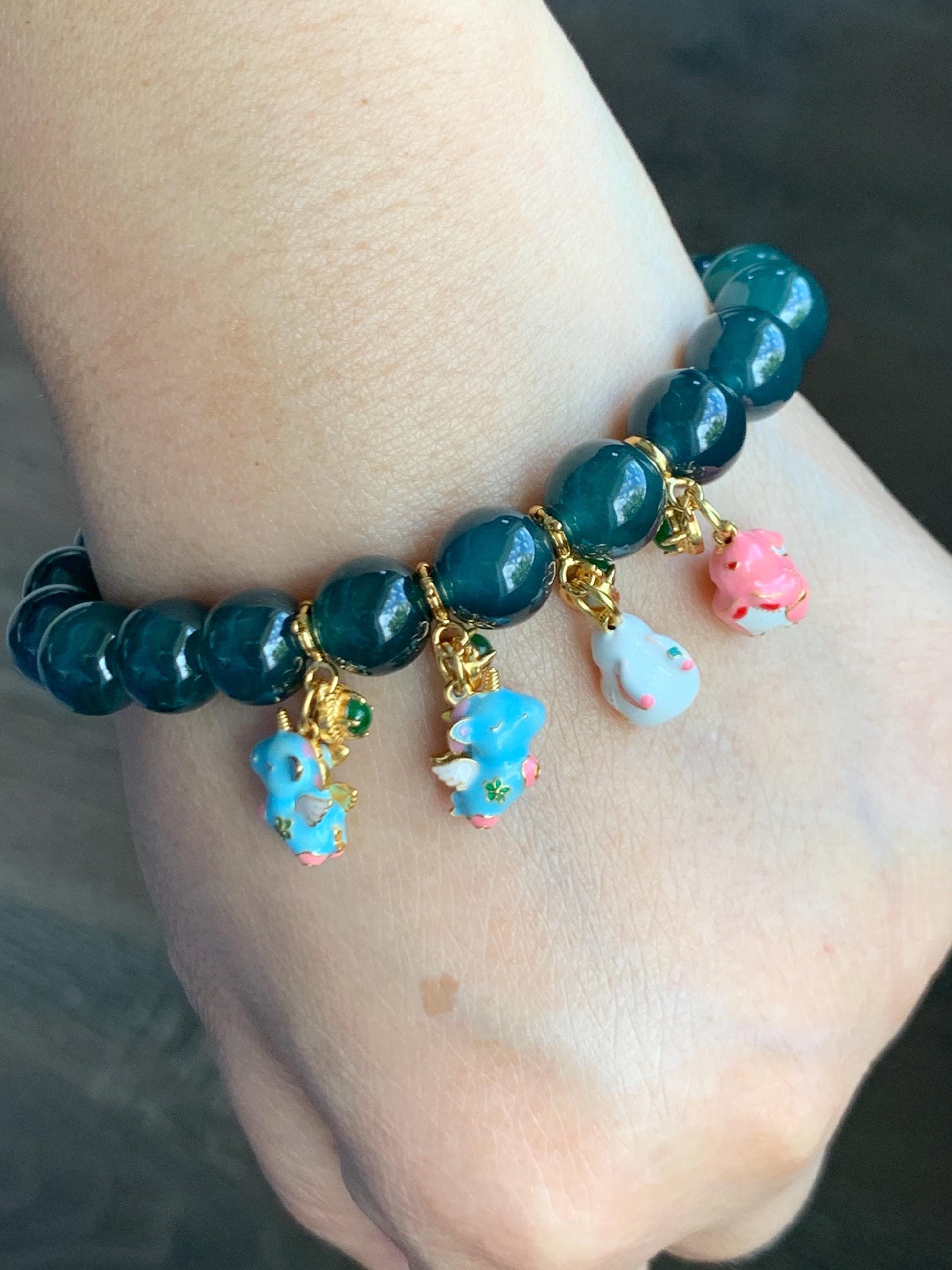 Natural Grade A Guatemalan Icy Translucent Vibrant Green Jade Jadeite Enamel Petite Rabbit or Unicorn Charm Pendant Sterling Silver WLDL44-A