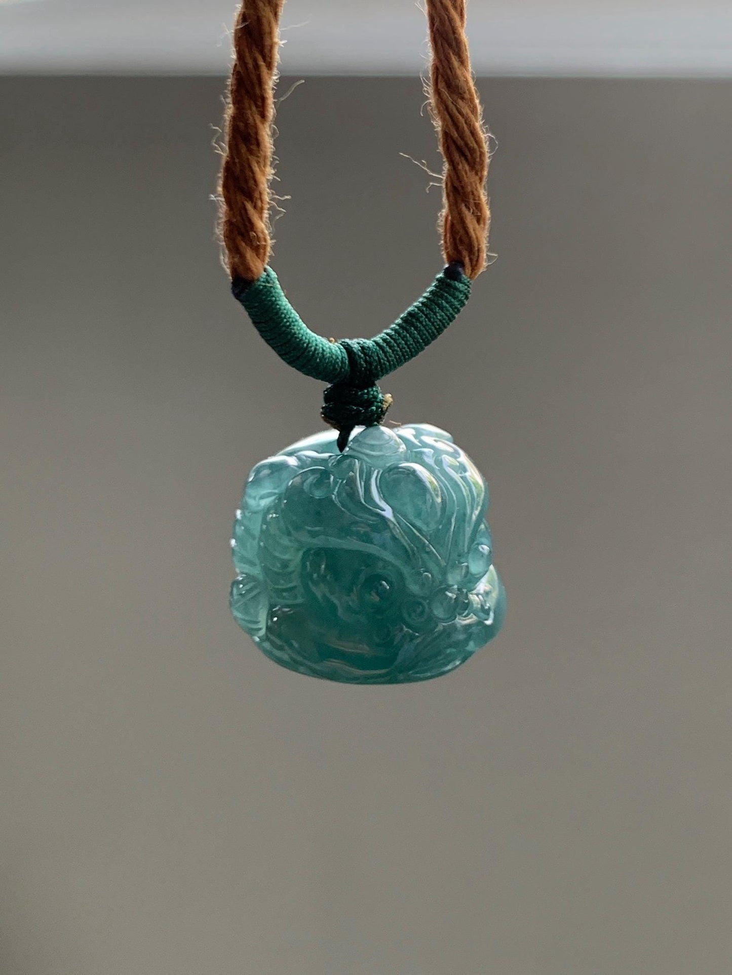 Natural Grade A Guatemalan Icy Translucent Dark Teal Blue Jade Jadeite Dancing Lion Pendant Rope Necklace 26” 12g 天然冰危深蓝绿翡翠醒狮吊坠 XSH140A