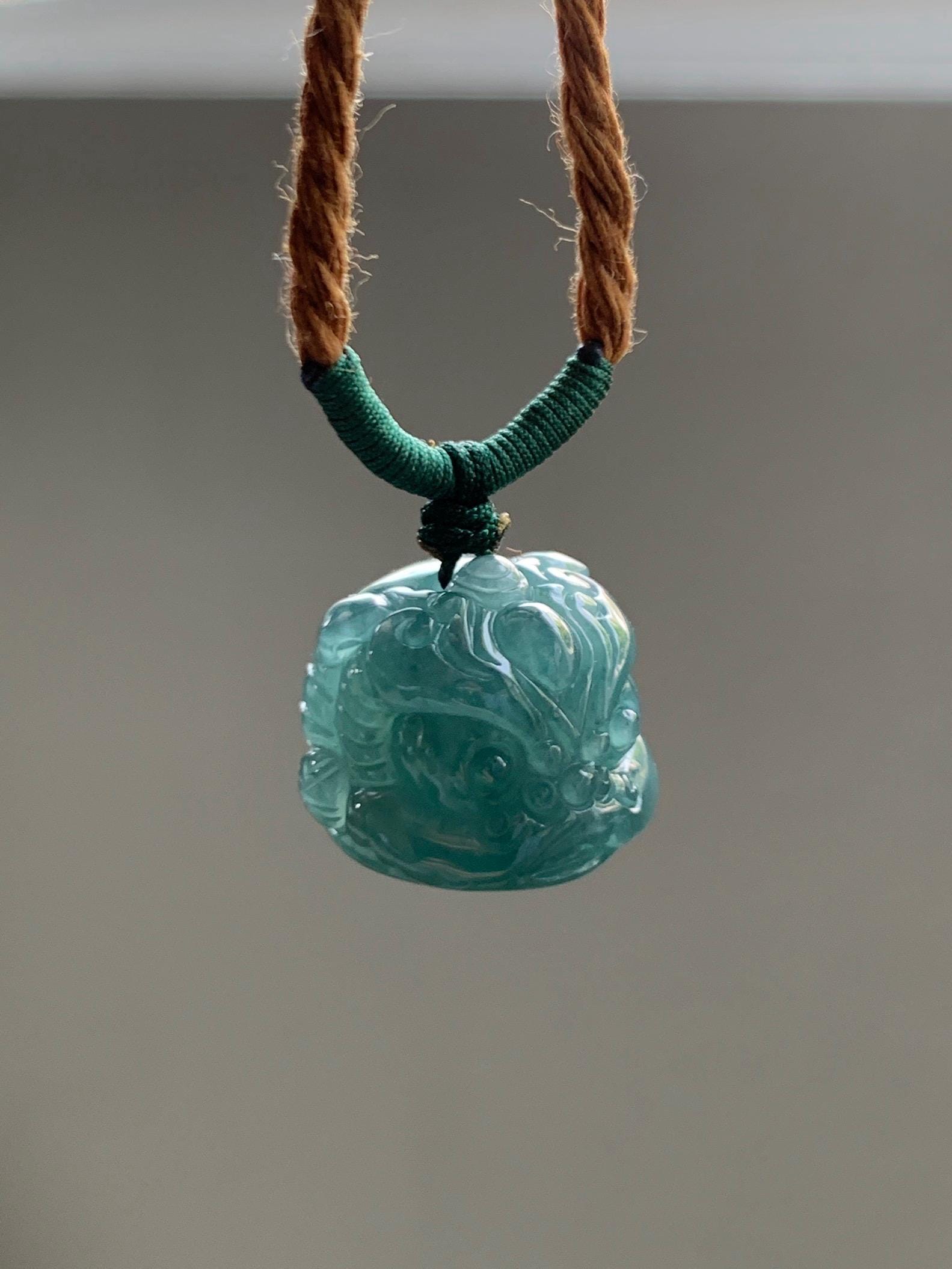 Natural Grade A Guatemalan Icy Translucent Dark Teal Blue Jade Jadeite Dancing Lion Pendant Rope Necklace 26” 12g 天然冰危深蓝绿翡翠醒狮吊坠 XSH140A