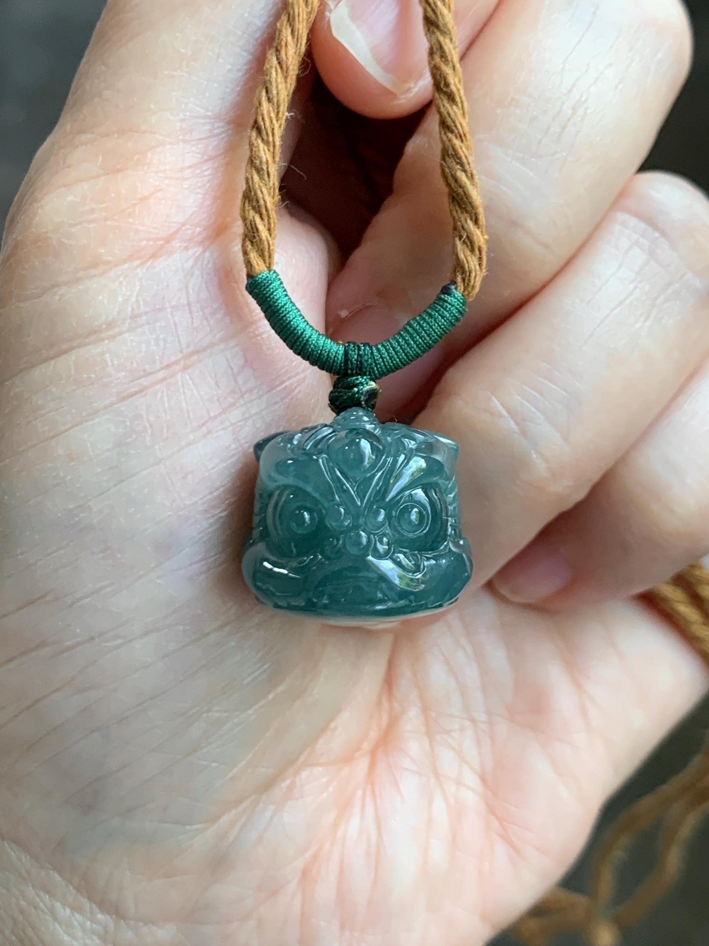 Natural Grade A Guatemalan Icy Translucent Dark Teal Blue Jade Jadeite Dancing Lion Pendant Rope Necklace 26” 12g 天然冰危深蓝绿翡翠醒狮吊坠 XSH140A