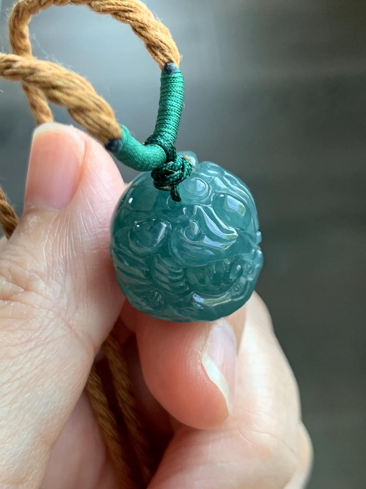 Natural Grade A Guatemalan Icy Translucent Dark Teal Blue Jade Jadeite Dancing Lion Pendant Rope Necklace 26” 12g 天然冰危深蓝绿翡翠醒狮吊坠 XSH140A