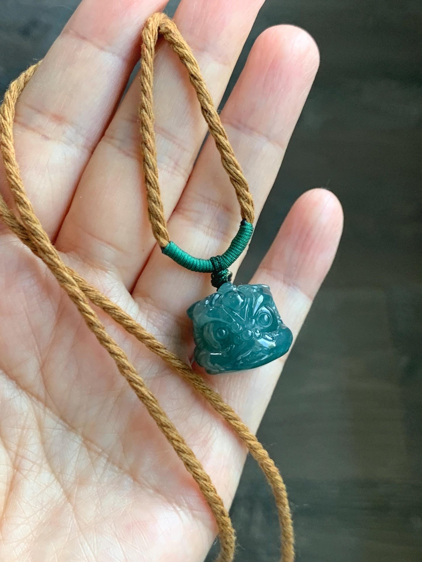 Natural Grade A Guatemalan Icy Translucent Dark Teal Blue Jade Jadeite Dancing Lion Pendant Rope Necklace 26” 12g 天然冰危深蓝绿翡翠醒狮吊坠 XSH140A