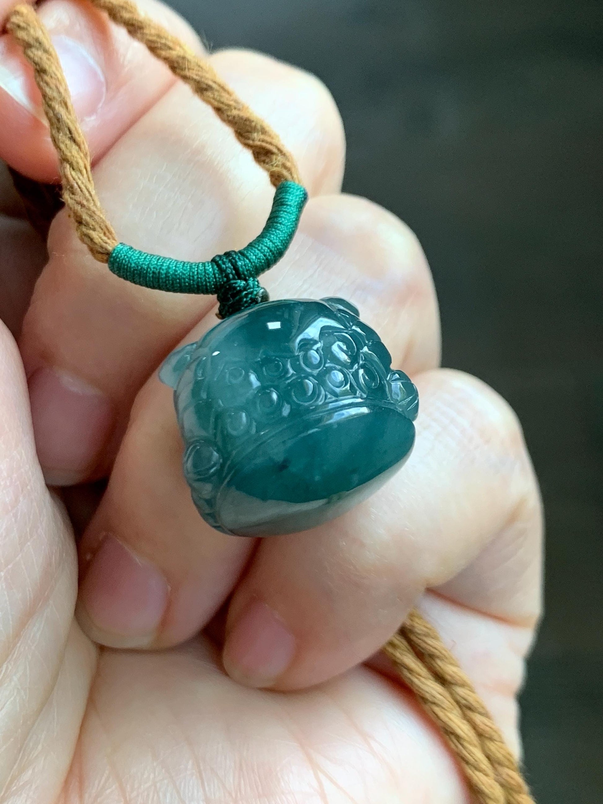 Natural Grade A Guatemalan Icy Translucent Dark Teal Blue Jade Jadeite Dancing Lion Pendant Rope Necklace 26” 12g 天然冰危深蓝绿翡翠醒狮吊坠 XSH140A
