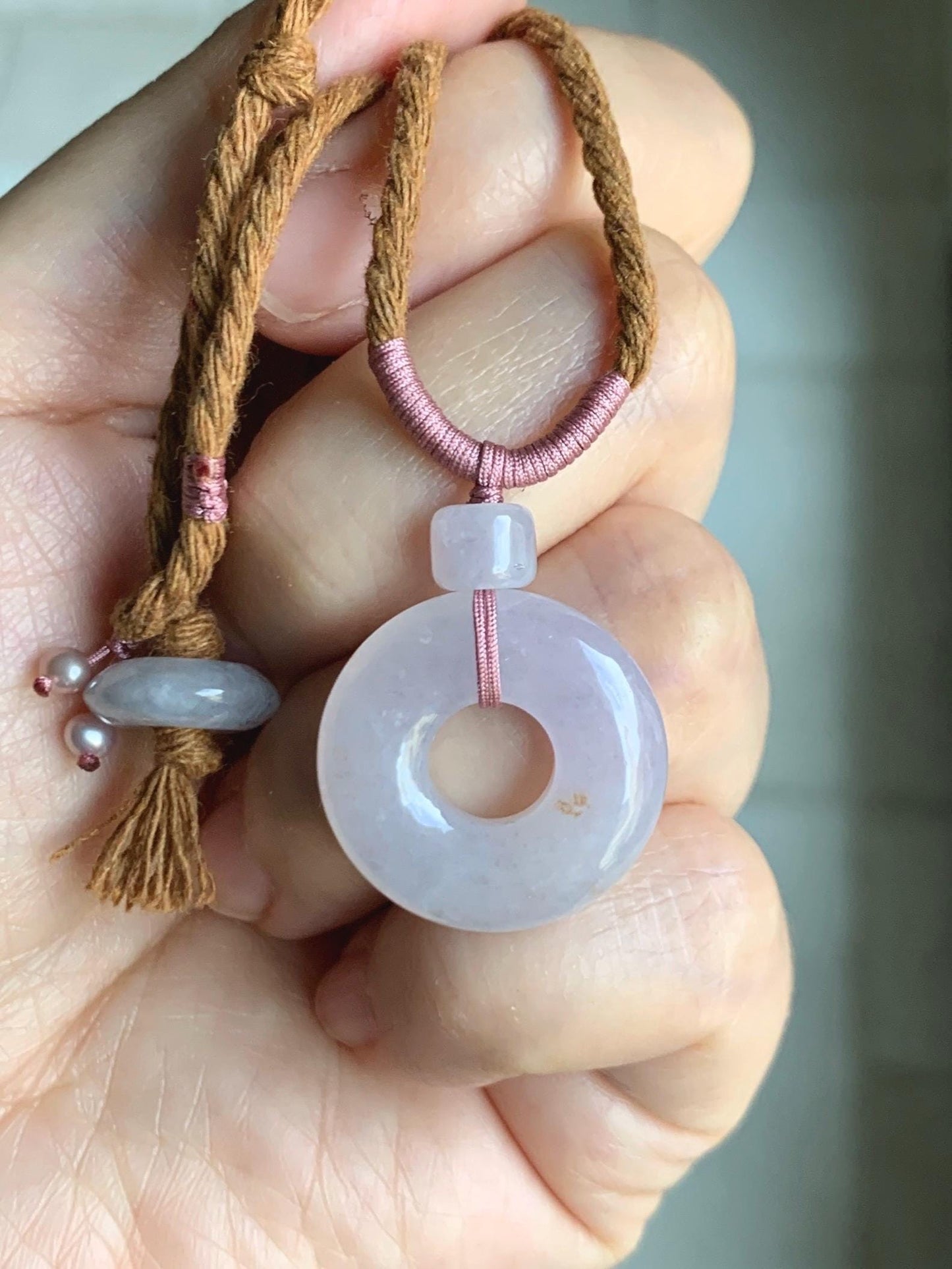 Natural Grade A Icy Translucent Jade Jadeite Ping An Kou Donut Pastel Blush Undertone Pendant Rope Necklace 18.5” 8g 天然冰粉底翡翠平安扣吊坠项链 FKM380