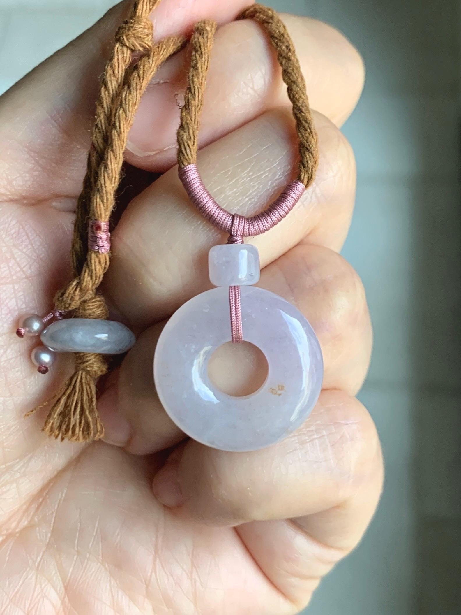 Natural Grade A Icy Translucent Jade Jadeite Ping An Kou Donut Pastel Blush Undertone Pendant Rope Necklace 18.5” 8g 天然冰粉底翡翠平安扣吊坠项链 FKM380