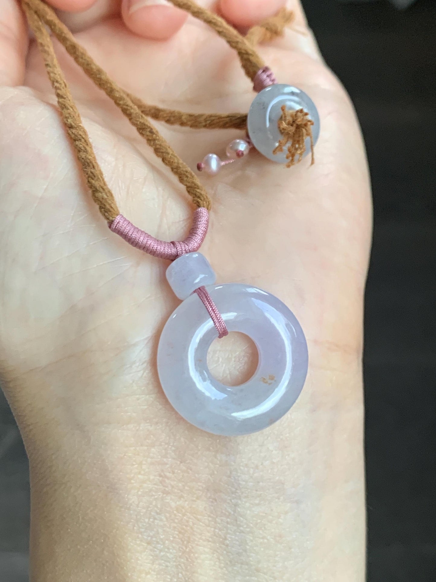 Natural Grade A Icy Translucent Jade Jadeite Ping An Kou Donut Pastel Blush Undertone Pendant Rope Necklace 18.5” 8g 天然冰粉底翡翠平安扣吊坠项链 FKM380
