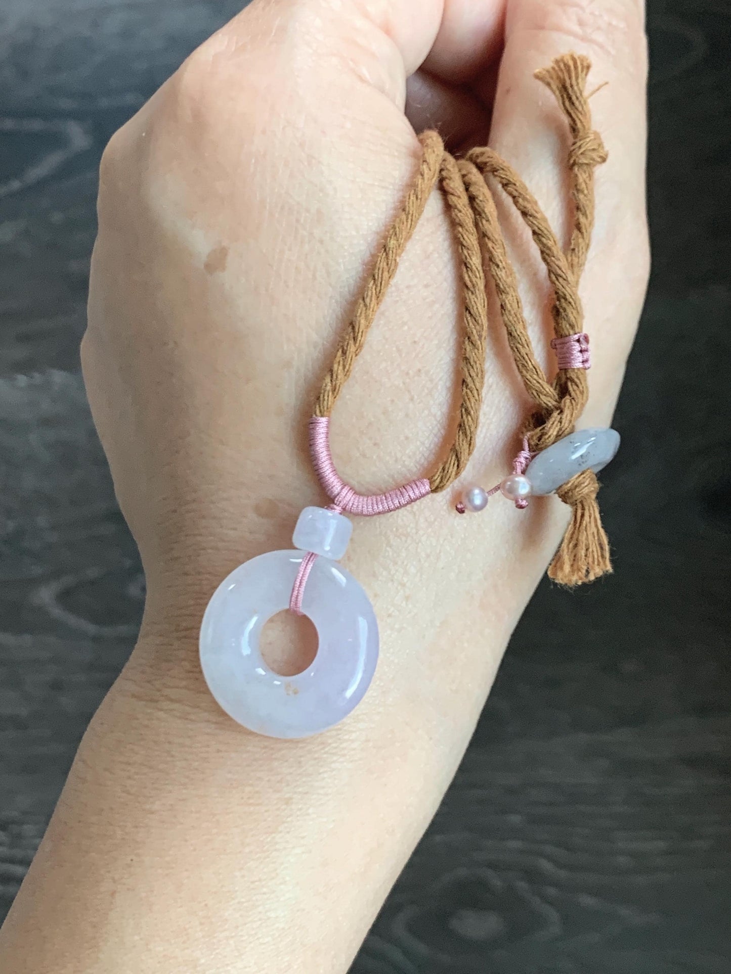 Natural Grade A Icy Translucent Jade Jadeite Ping An Kou Donut Pastel Blush Undertone Pendant Rope Necklace 18.5” 8g 天然冰粉底翡翠平安扣吊坠项链 FKM380