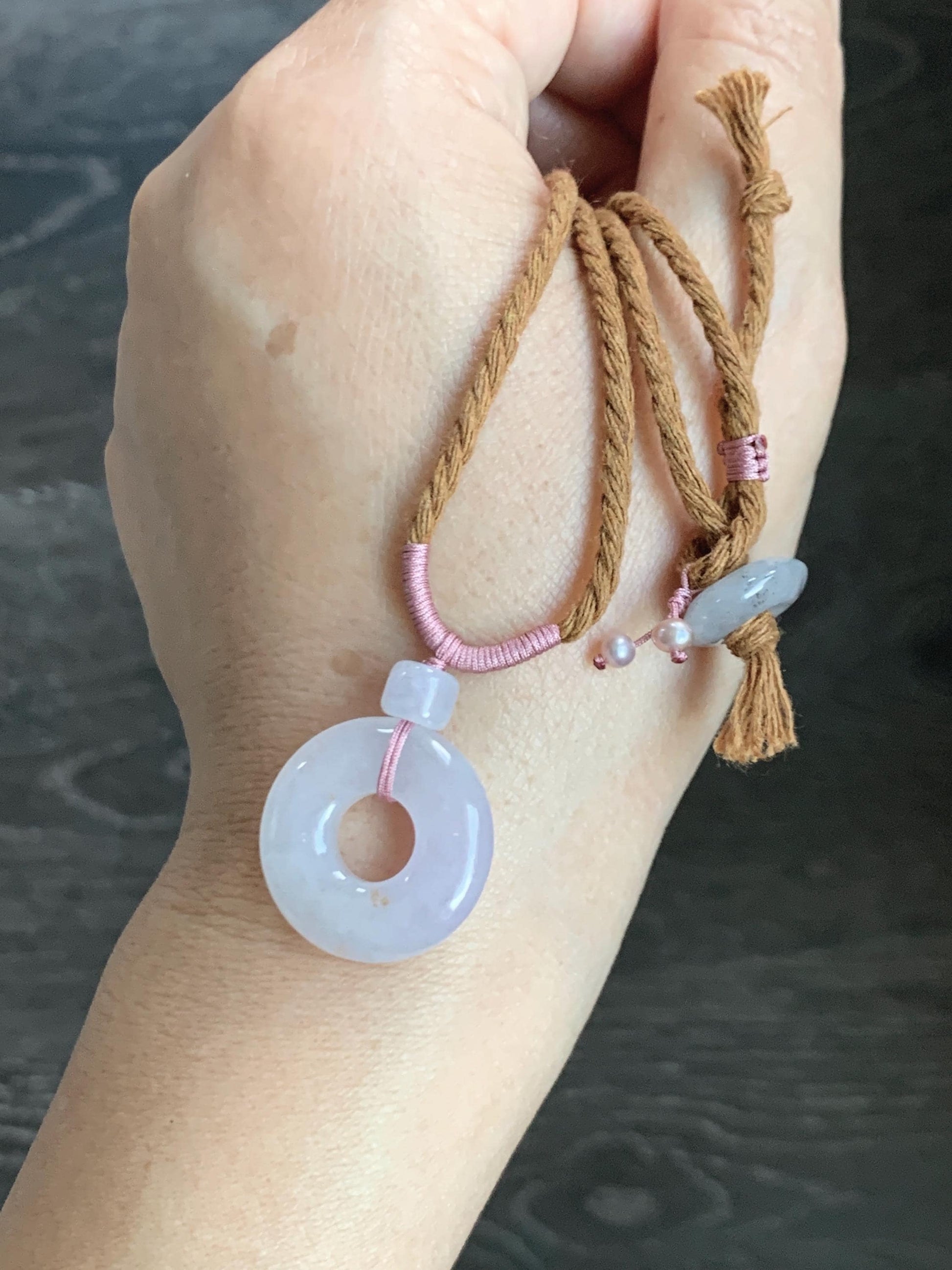 Natural Grade A Icy Translucent Jade Jadeite Ping An Kou Donut Pastel Blush Undertone Pendant Rope Necklace 18.5” 8g 天然冰粉底翡翠平安扣吊坠项链 FKM380