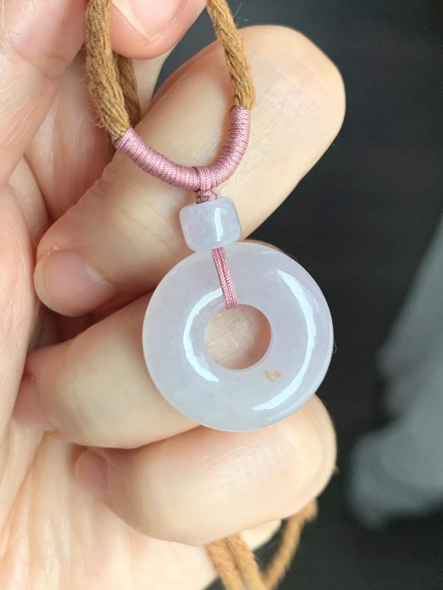 Natural Grade A Icy Translucent Jade Jadeite Ping An Kou Donut Pastel Blush Undertone Pendant Rope Necklace 18.5” 8g 天然冰粉底翡翠平安扣吊坠项链 FKM380