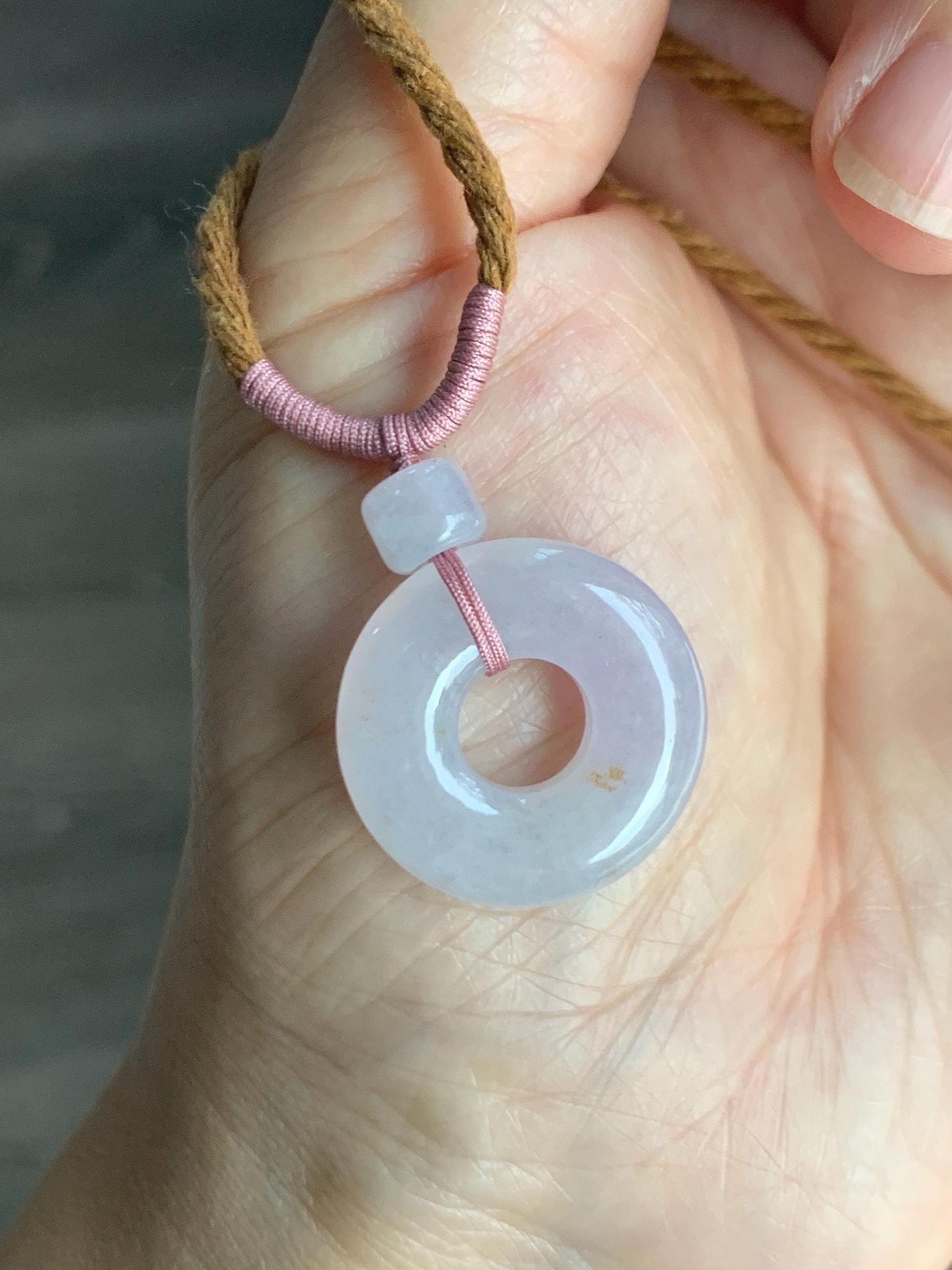 Natural Grade A Icy Translucent Jade Jadeite Ping An Kou Donut Pastel Blush Undertone Pendant Rope Necklace 18.5” 8g 天然冰粉底翡翠平安扣吊坠项链 FKM380