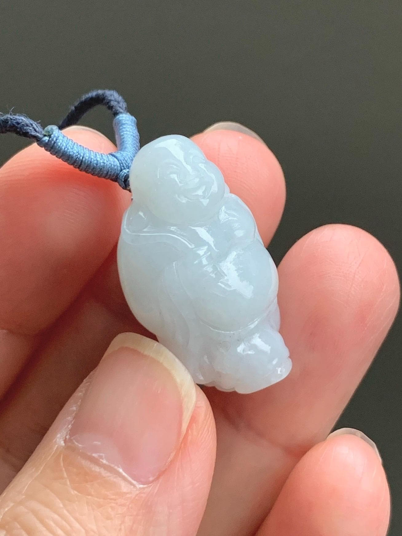 Natural Grade A Icy Translucent White Pastel Blue Undertone Jade Jadeite XiaoYao Buddha Pendant Rope Necklace 26” 9g 天然冰细糯浅蓝底翡翠逍遥佛公吊坠 XYF80A