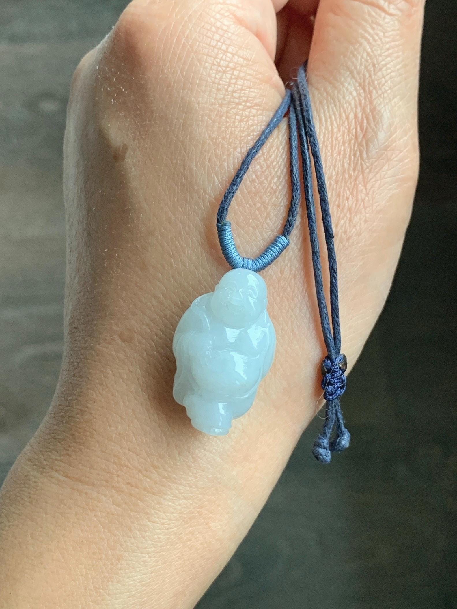 Natural Grade A Icy Translucent White Pastel Blue Undertone Jade Jadeite XiaoYao Buddha Pendant Rope Necklace 26” 9g 天然冰细糯浅蓝底翡翠逍遥佛公吊坠 XYF80A
