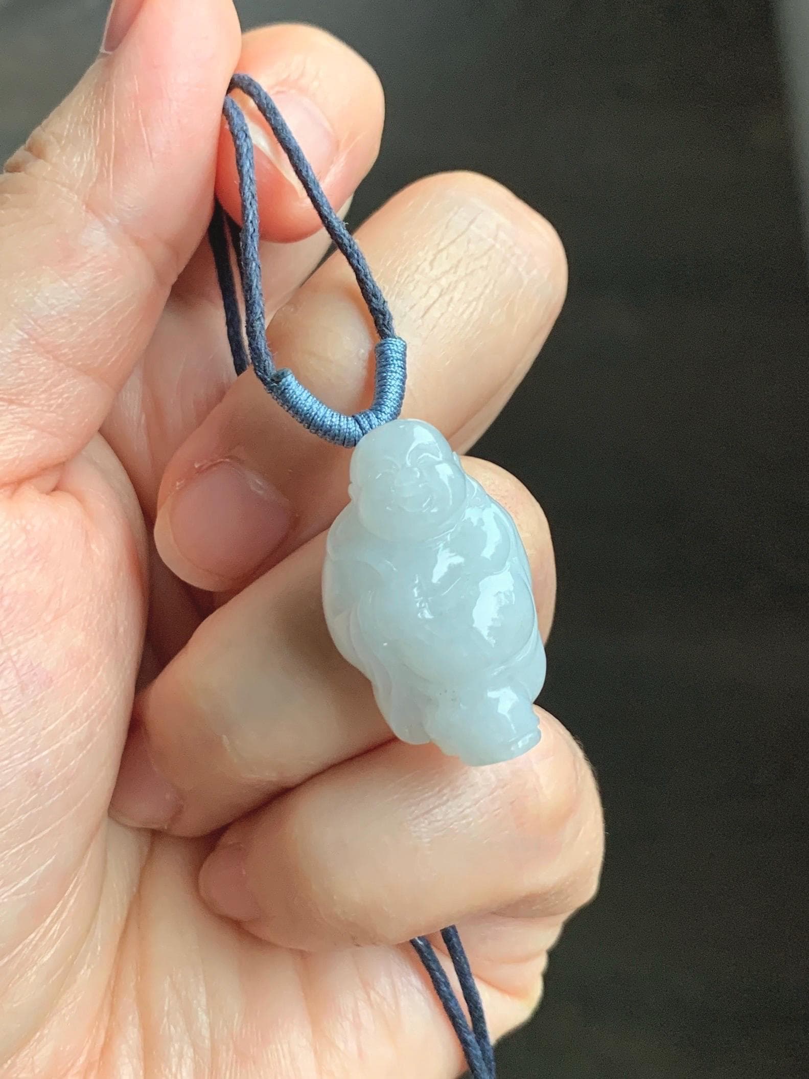 Natural Grade A Icy Translucent White Pastel Blue Undertone Jade Jadeite XiaoYao Buddha Pendant Rope Necklace 26” 9g 天然冰细糯浅蓝底翡翠逍遥佛公吊坠 XYF80A