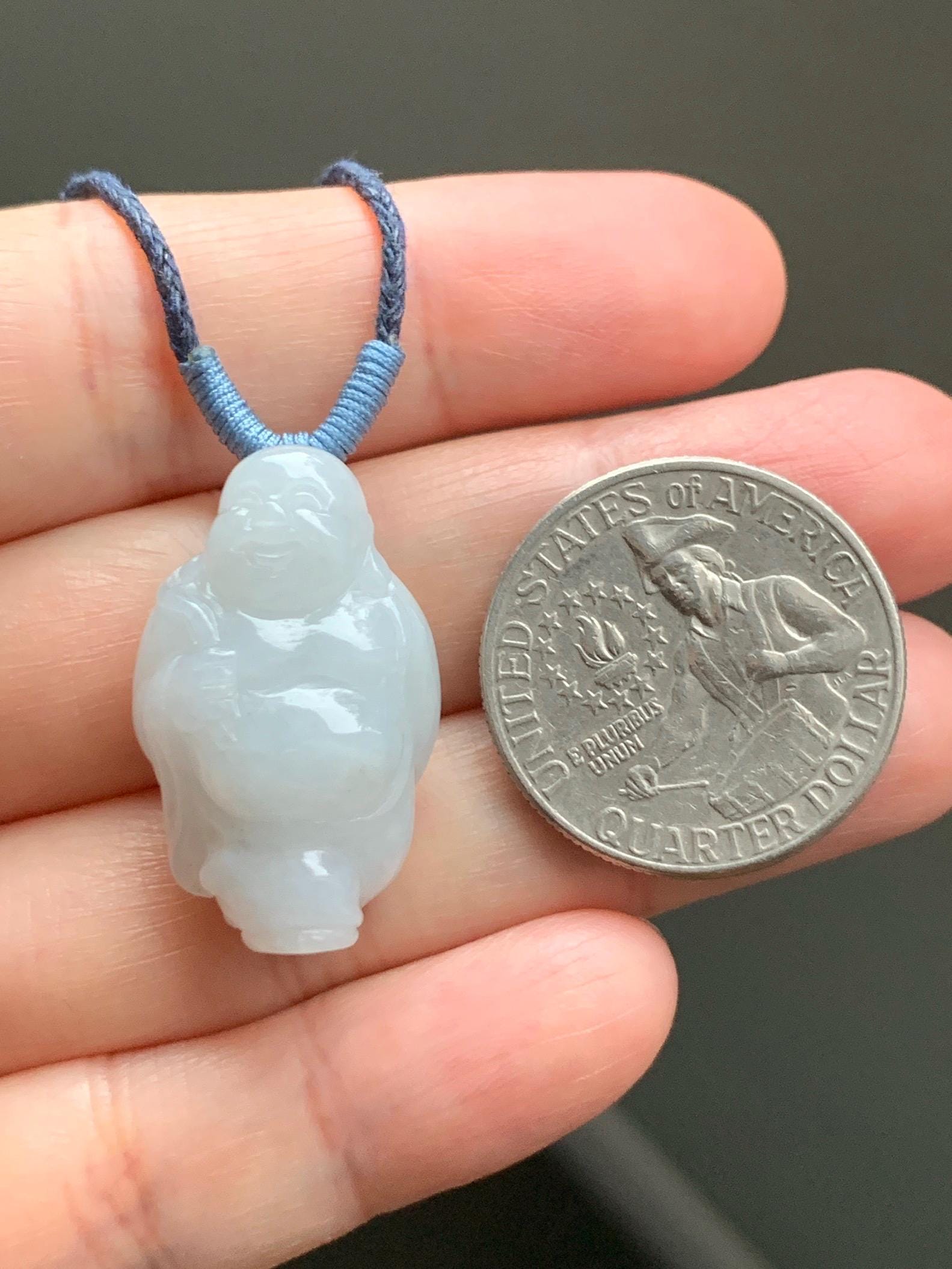 Natural Grade A Icy Translucent White Pastel Blue Undertone Jade Jadeite XiaoYao Buddha Pendant Rope Necklace 26” 9g 天然冰细糯浅蓝底翡翠逍遥佛公吊坠 XYF80A