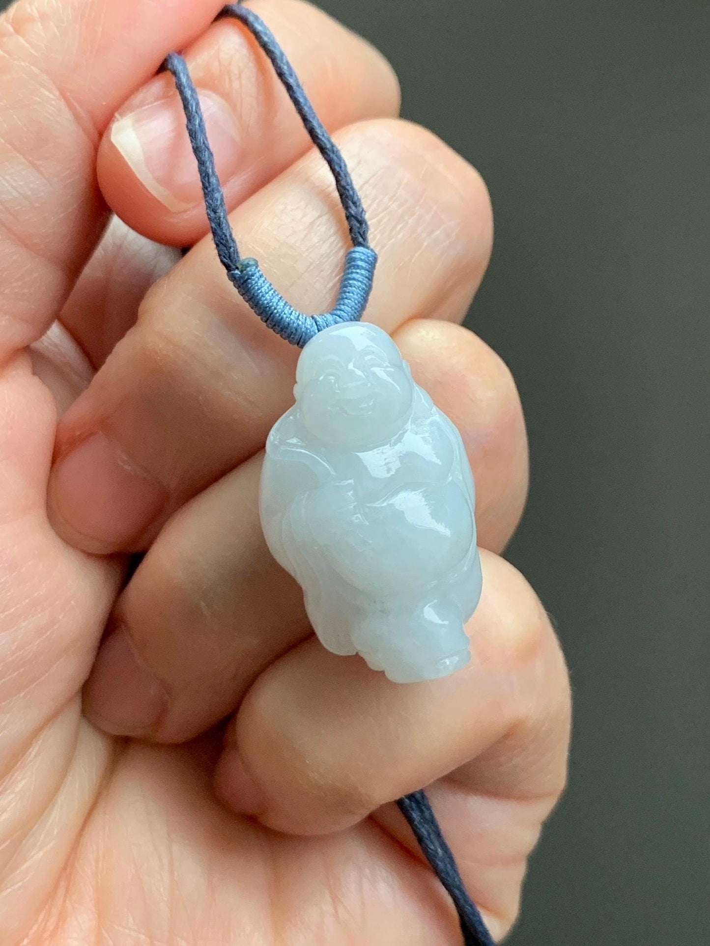 Natural Grade A Icy Translucent White Pastel Blue Undertone Jade Jadeite XiaoYao Buddha Pendant Rope Necklace 26” 9g 天然冰细糯浅蓝底翡翠逍遥佛公吊坠 XYF80A