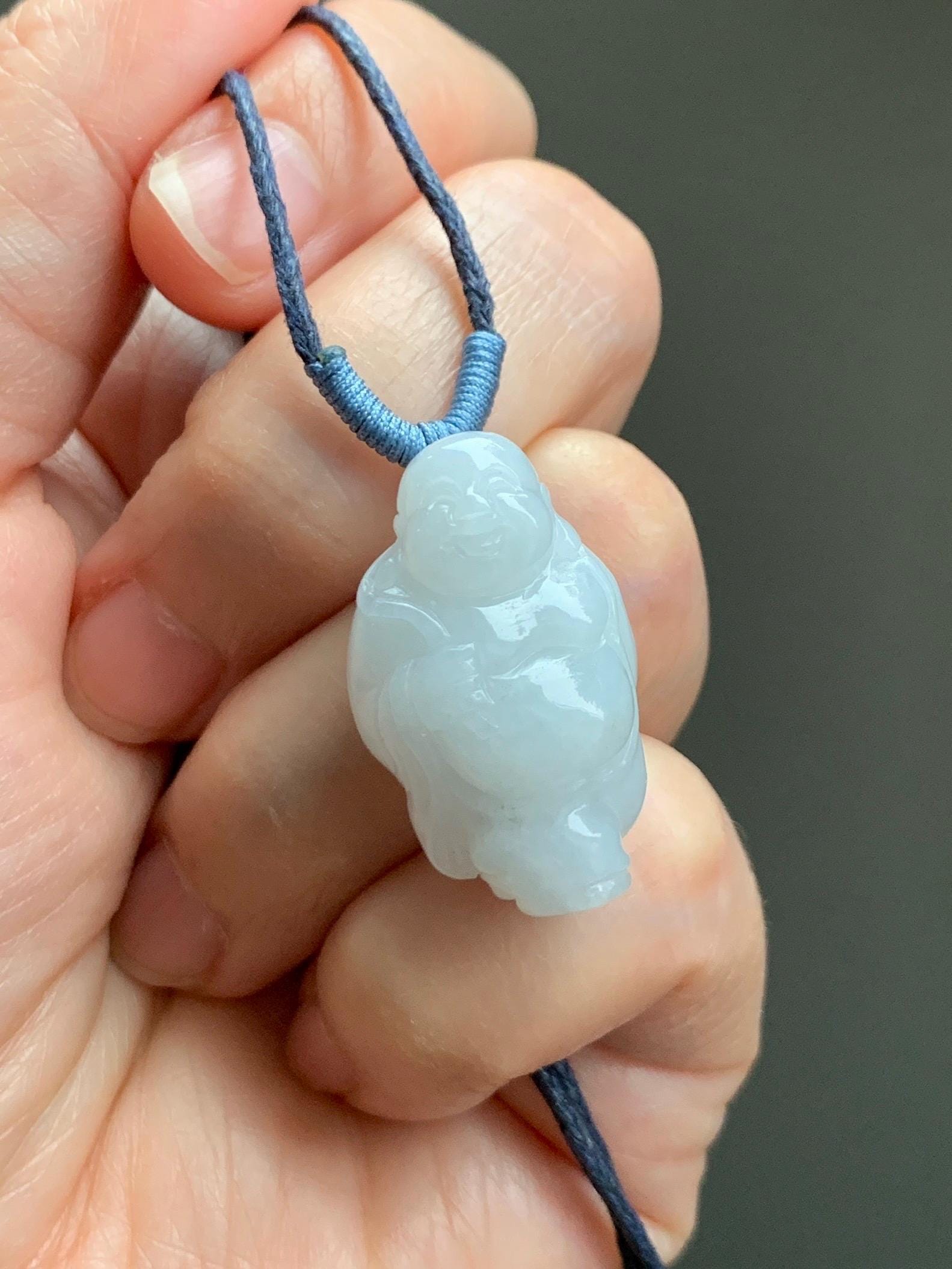 Natural Grade A Icy Translucent White Pastel Blue Undertone Jade Jadeite XiaoYao Buddha Pendant Rope Necklace 26” 9g 天然冰细糯浅蓝底翡翠逍遥佛公吊坠 XYF80A