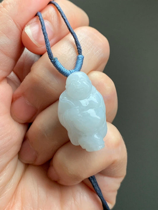 Natural Grade A Icy Translucent White Pastel Blue Undertone Jade Jadeite XiaoYao Buddha Pendant Rope Necklace 26” 9g 天然冰细糯浅蓝底翡翠逍遥佛公吊坠 XYF80A