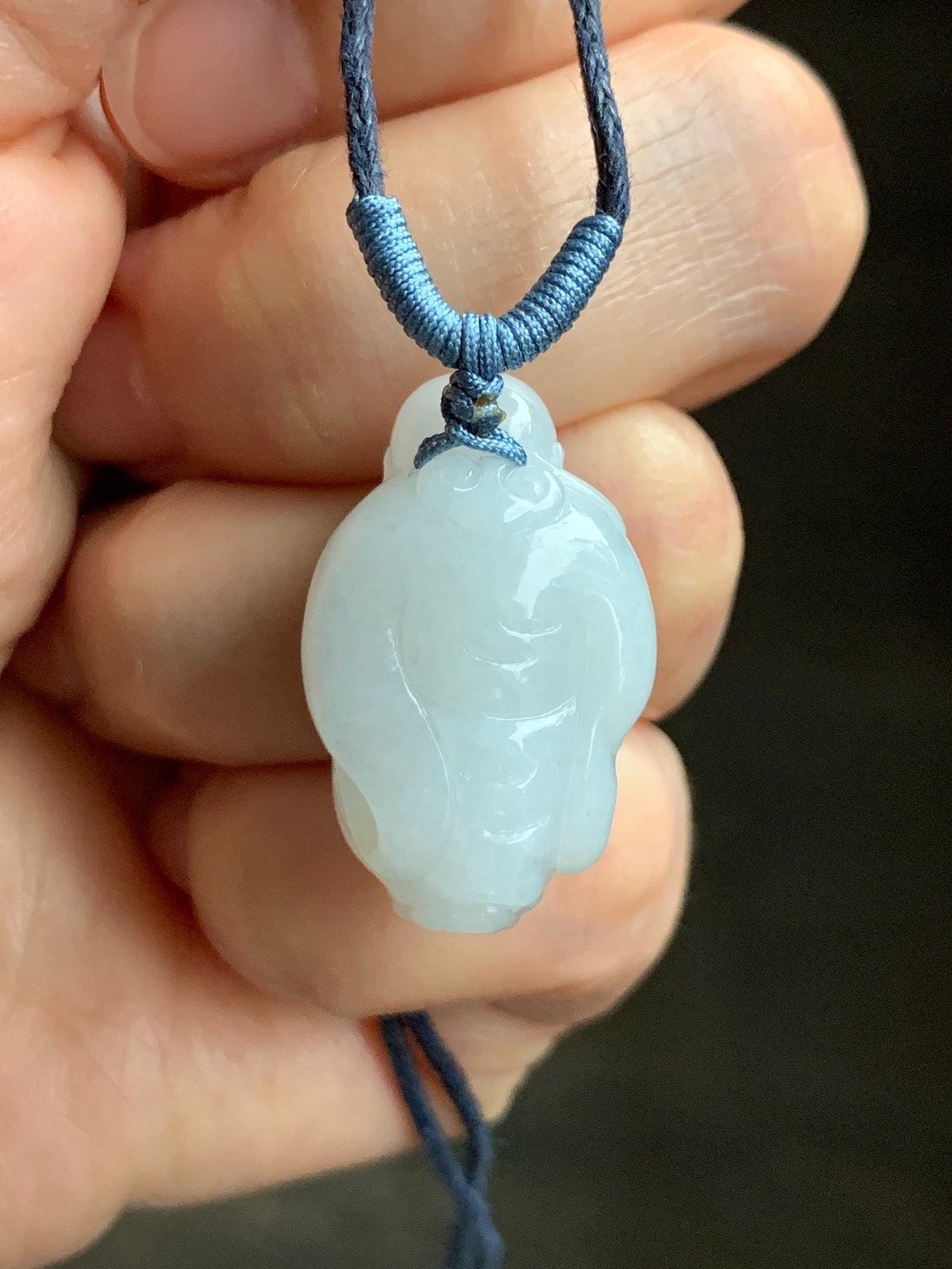 Natural Grade A Icy Translucent White Pastel Blue Undertone Jade Jadeite XiaoYao Buddha Pendant Rope Necklace 26” 9g 天然冰细糯浅蓝底翡翠逍遥佛公吊坠 XYF80A