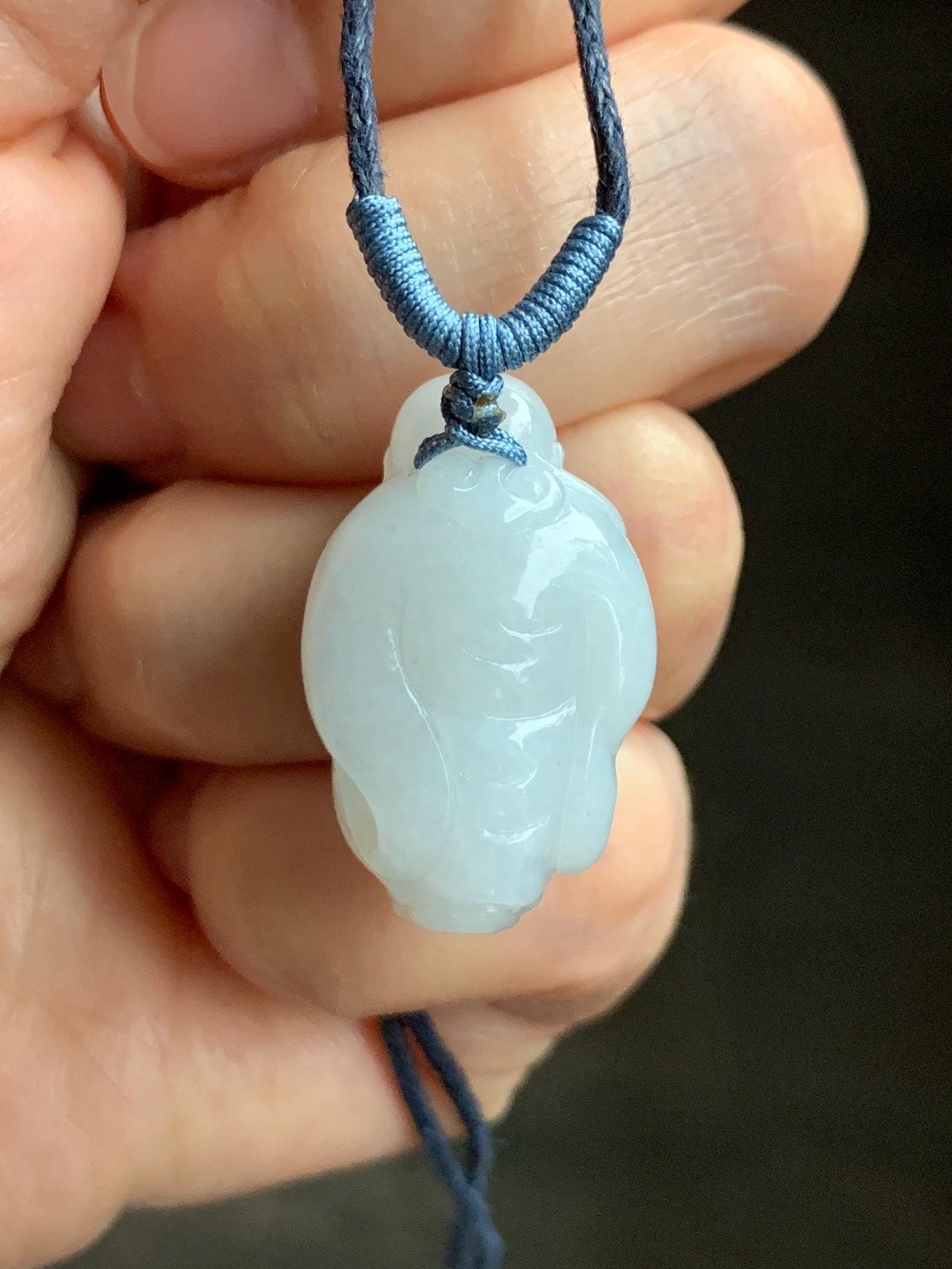 Natural Grade A Icy Translucent White Pastel Blue Undertone Jade Jadeite XiaoYao Buddha Pendant Rope Necklace 26” 9g 天然冰细糯浅蓝底翡翠逍遥佛公吊坠 XYF80A