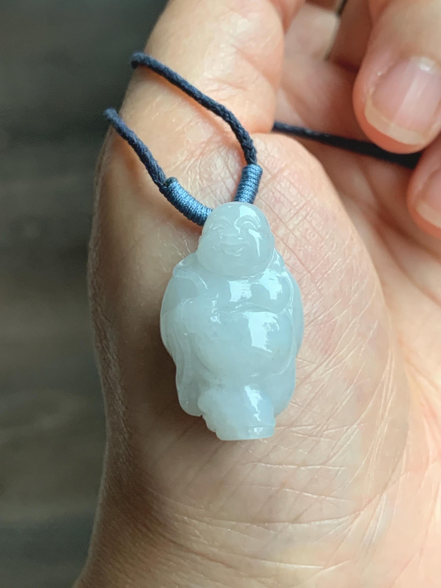 Natural Grade A Icy Translucent White Pastel Blue Undertone Jade Jadeite XiaoYao Buddha Pendant Rope Necklace 26” 9g 天然冰细糯浅蓝底翡翠逍遥佛公吊坠 XYF80A