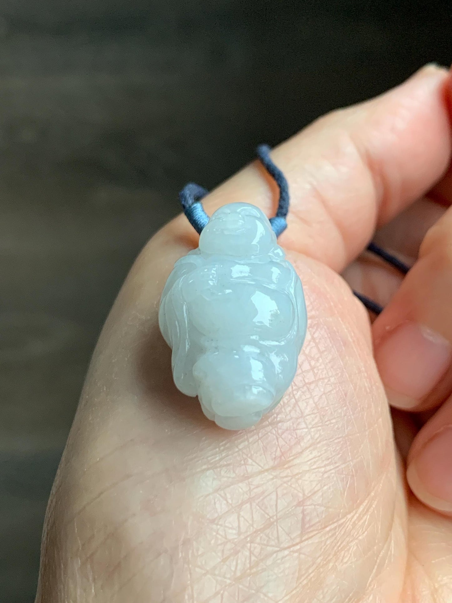 Natural Grade A Icy Translucent White Pastel Blue Undertone Jade Jadeite XiaoYao Buddha Pendant Rope Necklace 26” 9g 天然冰细糯浅蓝底翡翠逍遥佛公吊坠 XYF80A