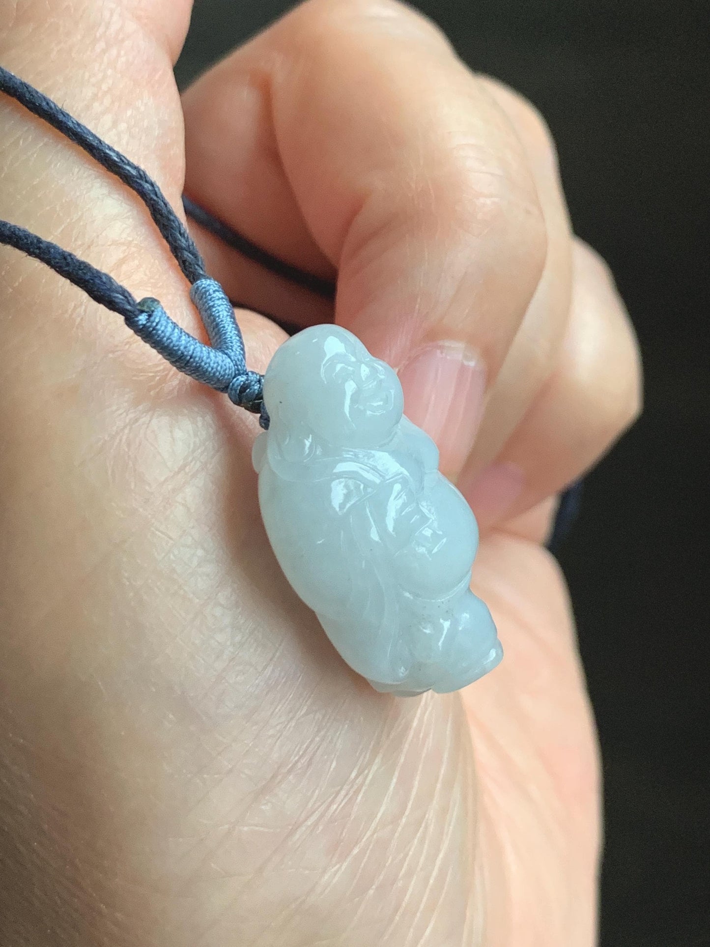 Natural Grade A Icy Translucent White Pastel Blue Undertone Jade Jadeite XiaoYao Buddha Pendant Rope Necklace 26” 9g 天然冰细糯浅蓝底翡翠逍遥佛公吊坠 XYF80A
