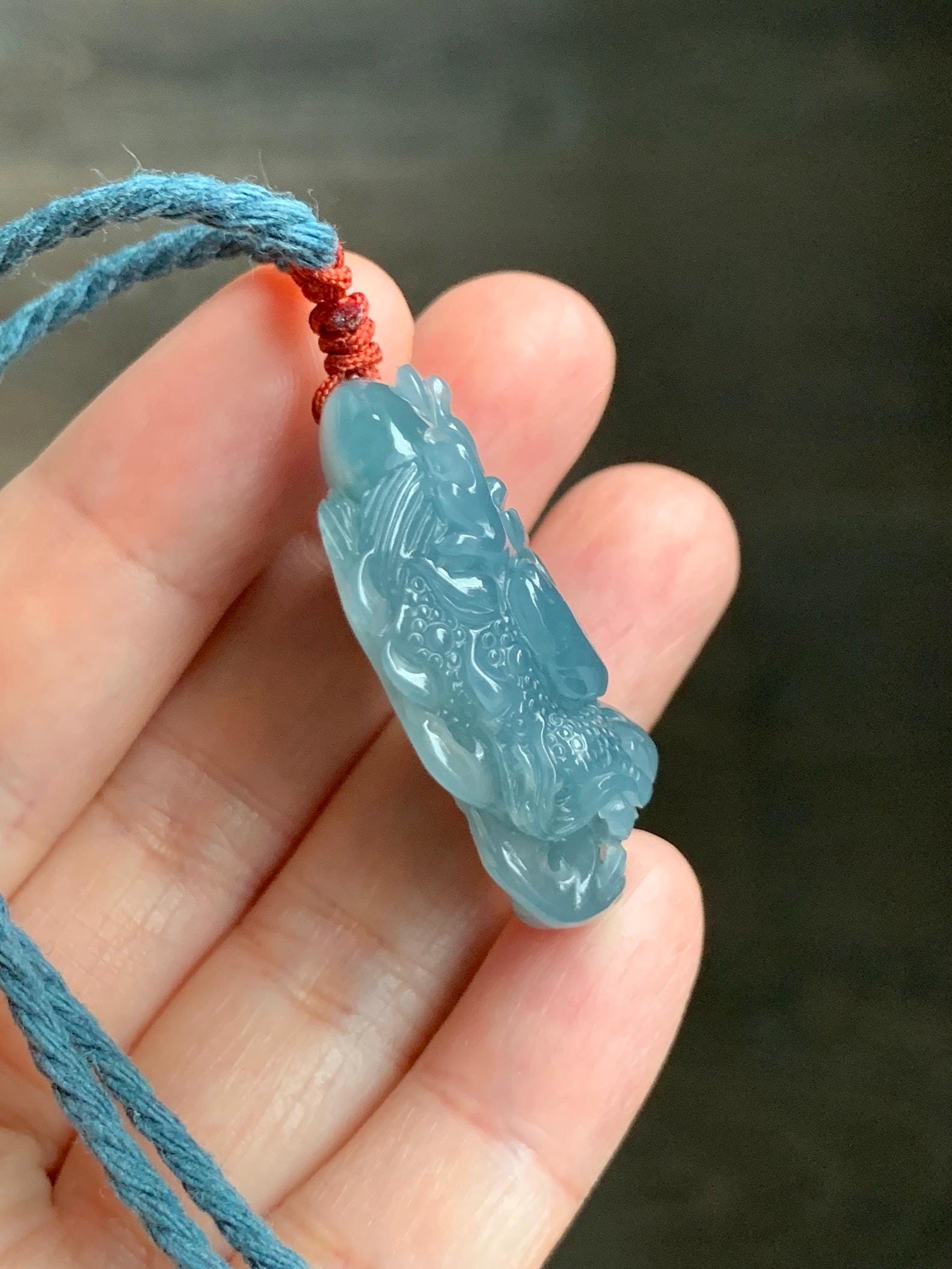 Natural Grade A Guatemalan Icy Translucent Dusty Blue Jade Jadeite Carved Dragon Wudao Pendant Rope Necklace 26" 19g 天然冰危蓝翡翠精工龙头吾道吊坠 WLL440R