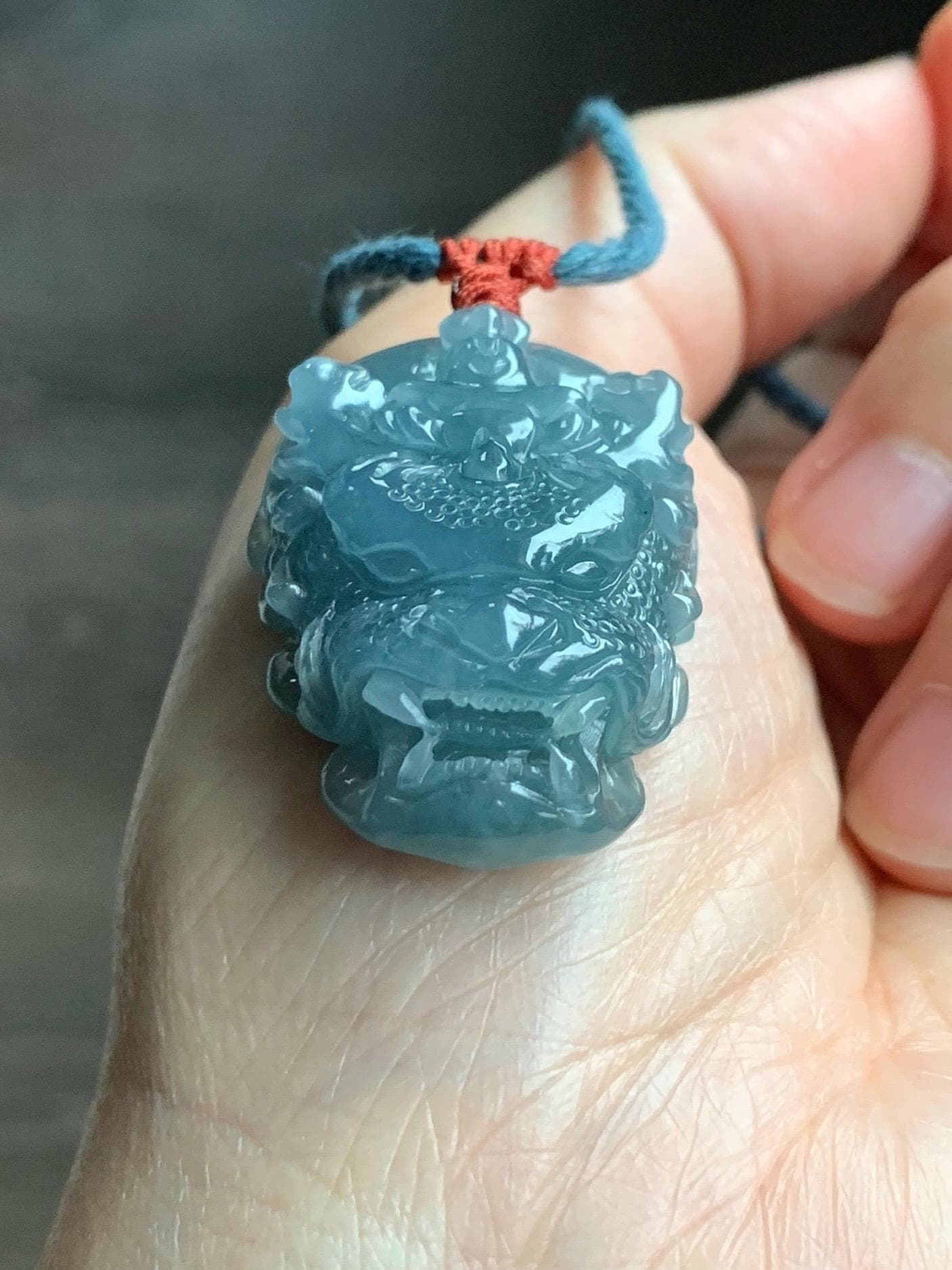 Natural Grade A Guatemalan Icy Translucent Dusty Blue Jade Jadeite Carved Dragon Wudao Pendant Rope Necklace 26" 19g 天然冰危蓝翡翠精工龙头吾道吊坠 WLL440R