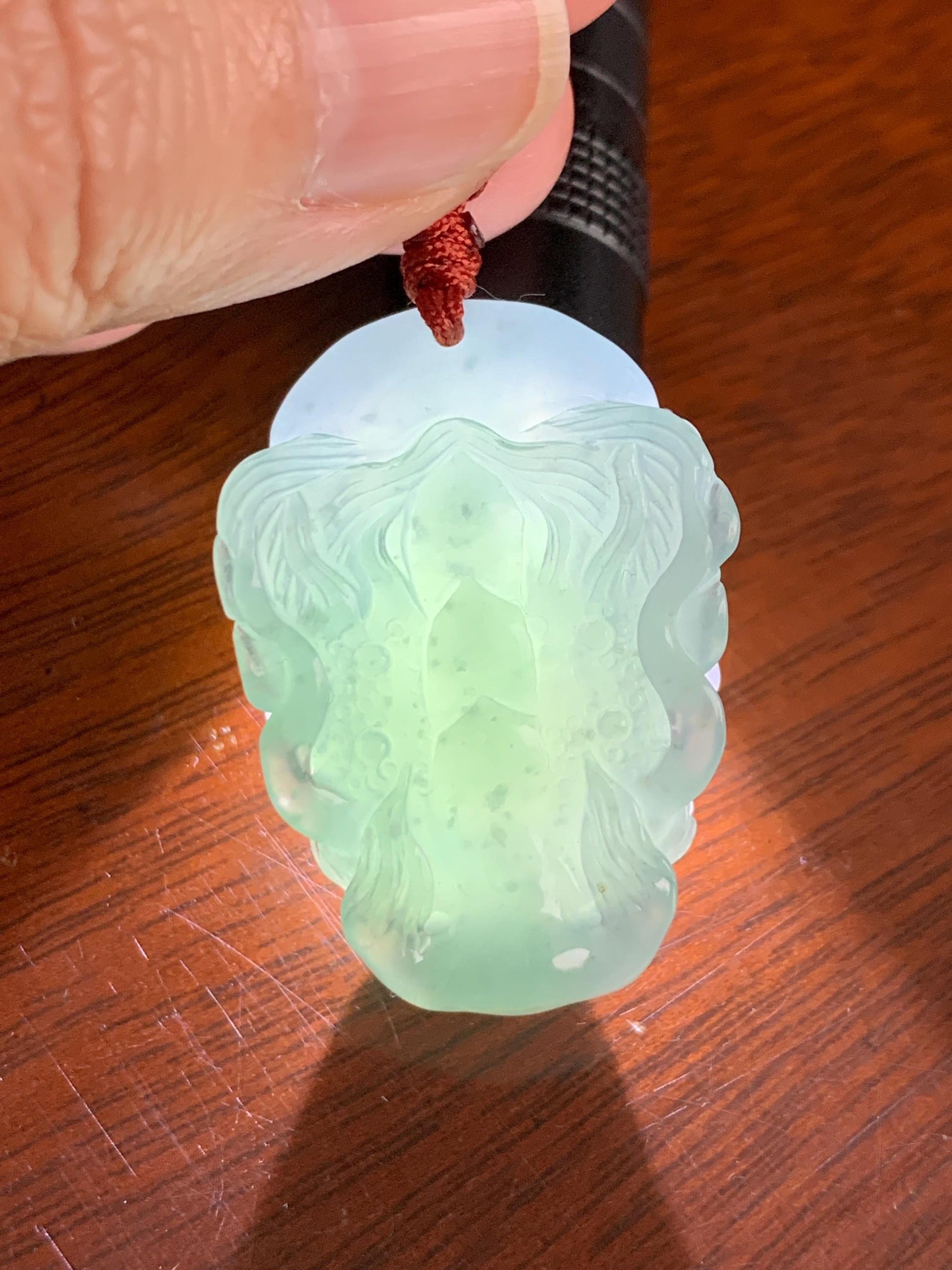 Natural Grade A Guatemalan Icy Translucent Dusty Blue Jade Jadeite Carved Dragon Wudao Pendant Rope Necklace 26" 19g 天然冰危蓝翡翠精工龙头吾道吊坠 WLL440R