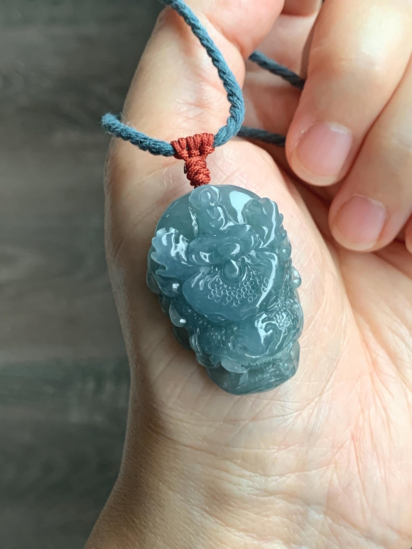 Natural Grade A Guatemalan Icy Translucent Dusty Blue Jade Jadeite Carved Dragon Wudao Pendant Rope Necklace 26" 19g 天然冰危蓝翡翠精工龙头吾道吊坠 WLL440R