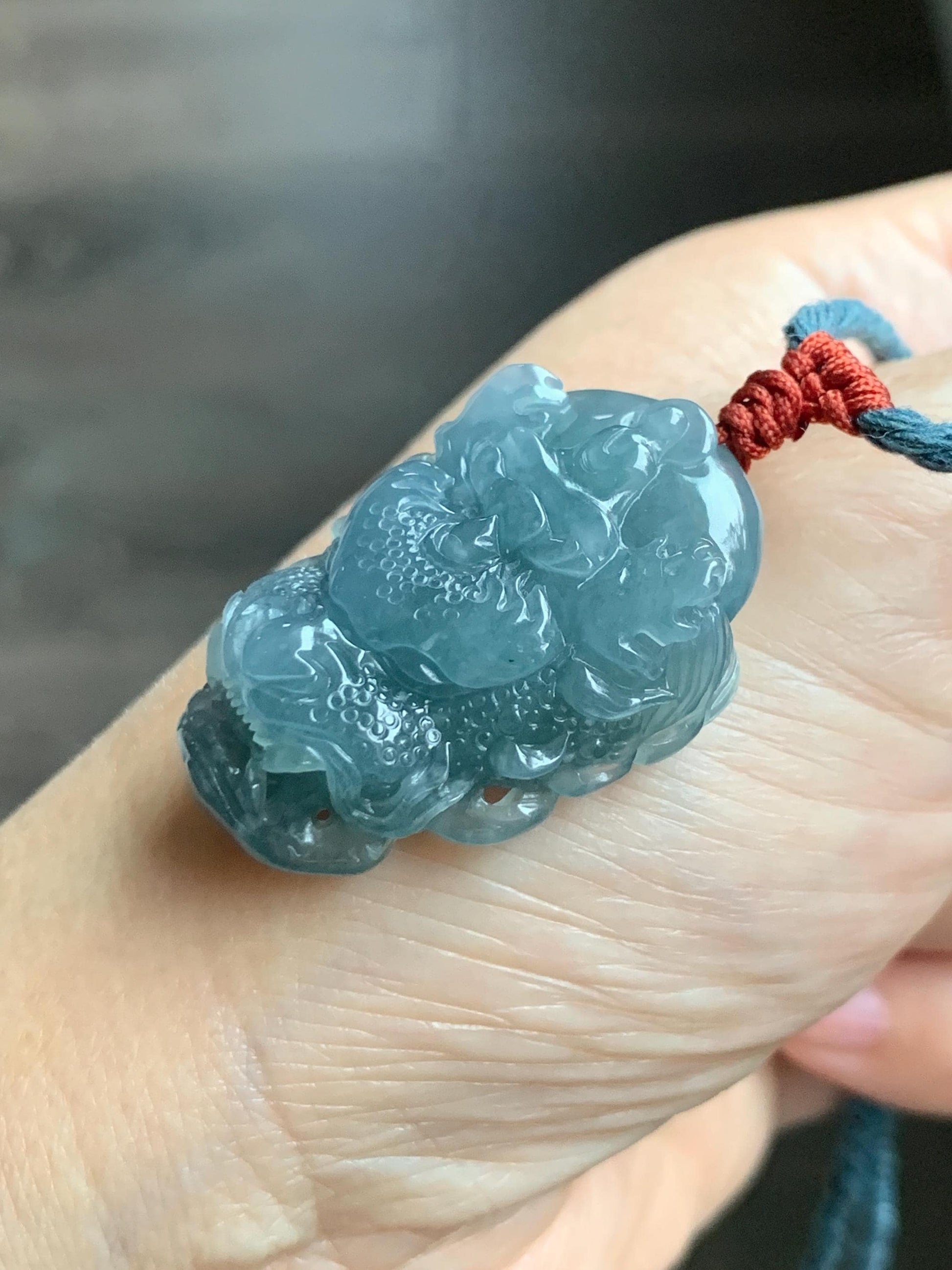 Natural Grade A Guatemalan Icy Translucent Dusty Blue Jade Jadeite Carved Dragon Wudao Pendant Rope Necklace 26" 19g 天然冰危蓝翡翠精工龙头吾道吊坠 WLL440R
