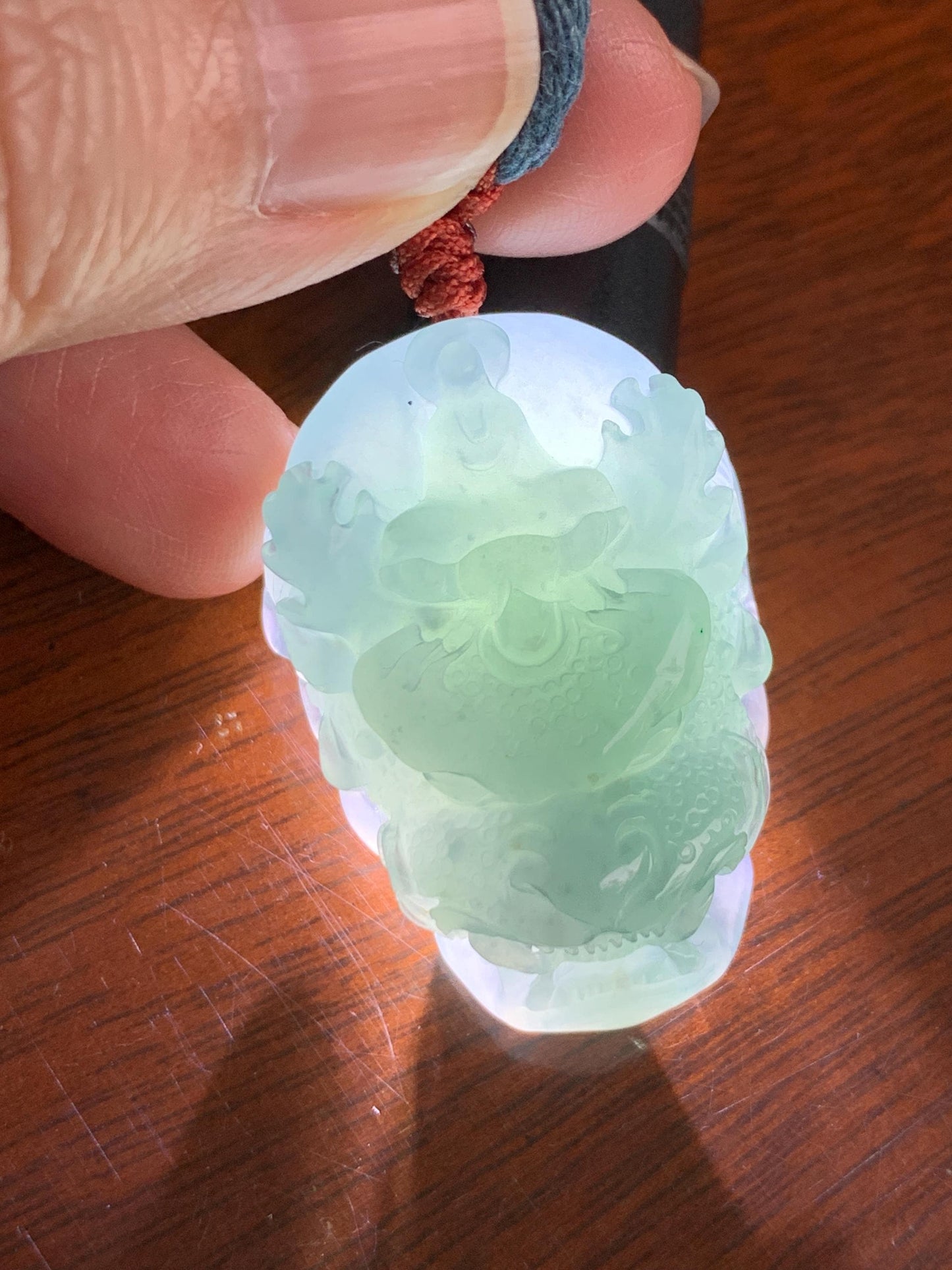 Natural Grade A Guatemalan Icy Translucent Dusty Blue Jade Jadeite Carved Dragon Wudao Pendant Rope Necklace 26" 19g 天然冰危蓝翡翠精工龙头吾道吊坠 WLL440R