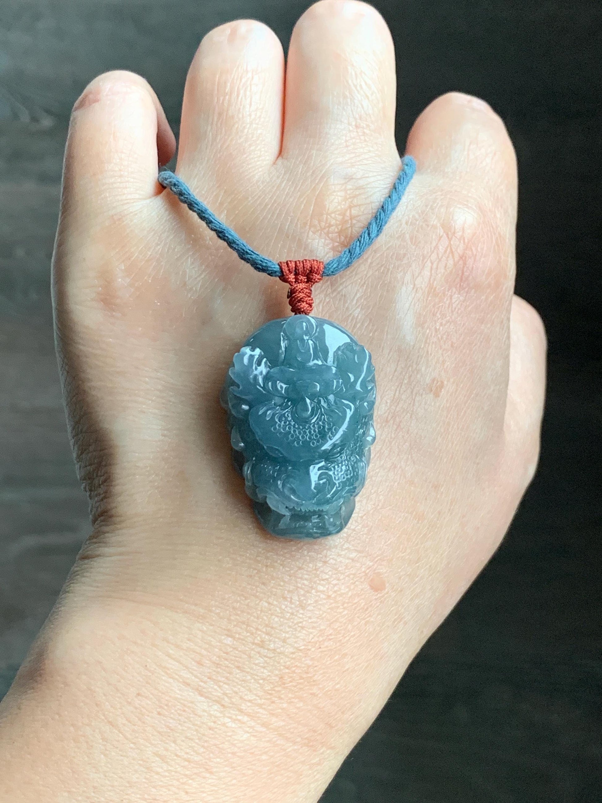 Natural Grade A Guatemalan Icy Translucent Dusty Blue Jade Jadeite Carved Dragon Wudao Pendant Rope Necklace 26" 19g 天然冰危蓝翡翠精工龙头吾道吊坠 WLL440R