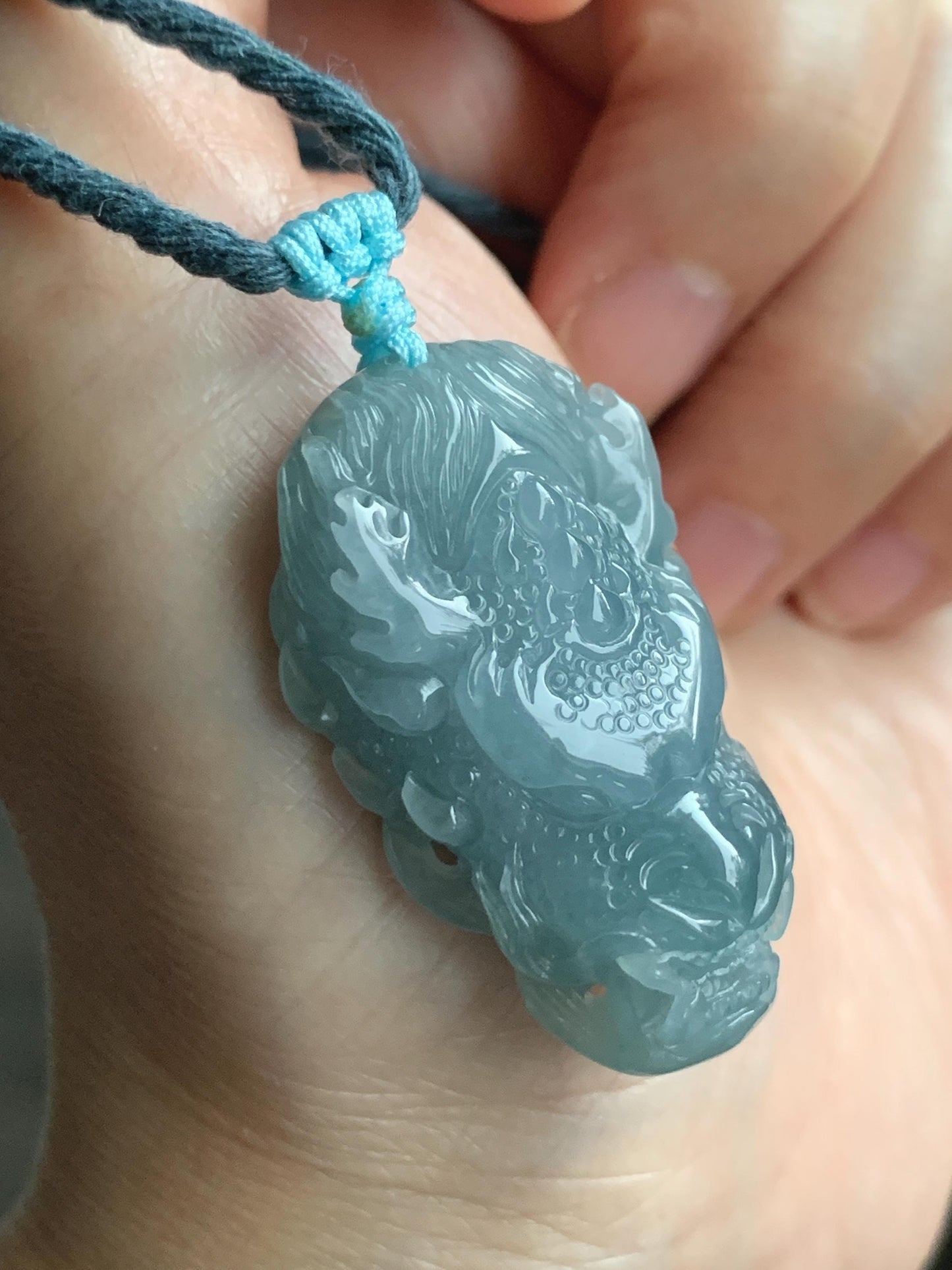 Natural Grade A Guatemalan Icy Translucent Light Dusty Blue Jade Jadeite Carved Dragon Pendant Rope Necklace 26" 18g 天然冰危蓝翡翠精工龙头吾道吊坠 WLL440L