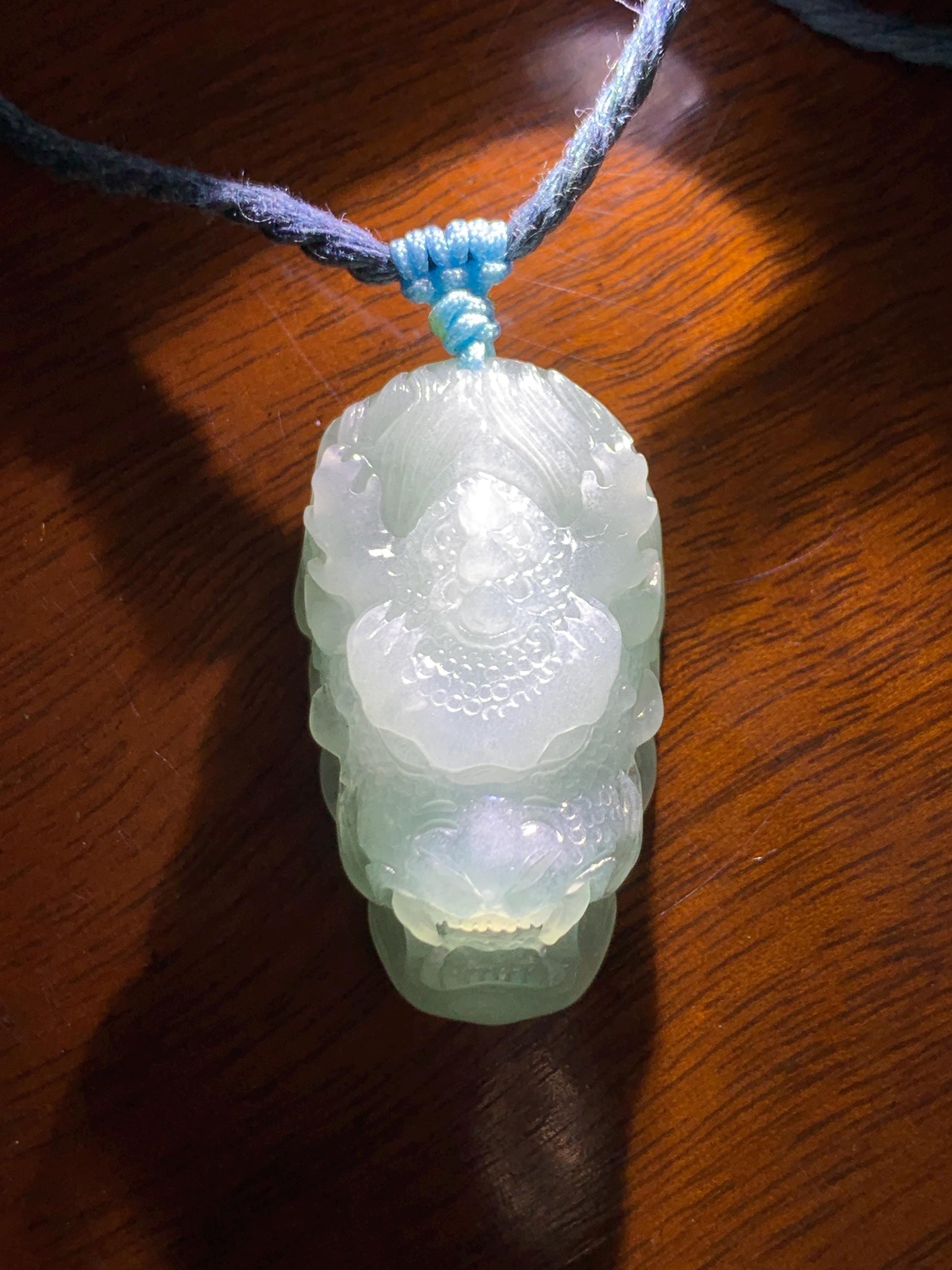 Natural Grade A Guatemalan Icy Translucent Light Dusty Blue Jade Jadeite Carved Dragon Pendant Rope Necklace 26" 18g 天然冰危蓝翡翠精工龙头吾道吊坠 WLL440L