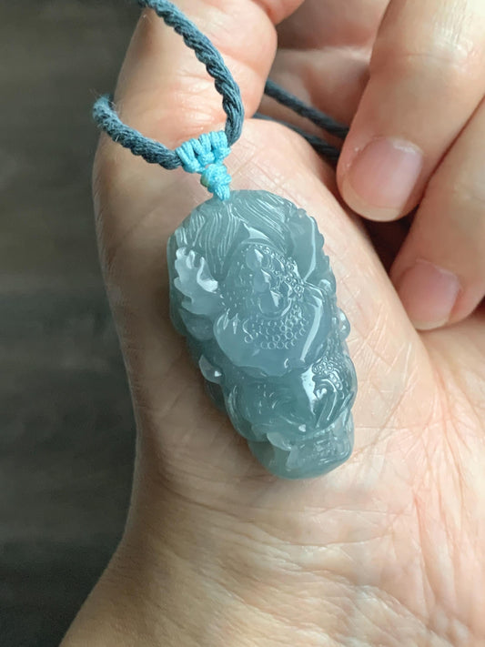 Natural Grade A Guatemalan Icy Translucent Light Dusty Blue Jade Jadeite Carved Dragon Pendant Rope Necklace 26" 18g 天然冰危蓝翡翠精工龙头吾道吊坠 WLL440L