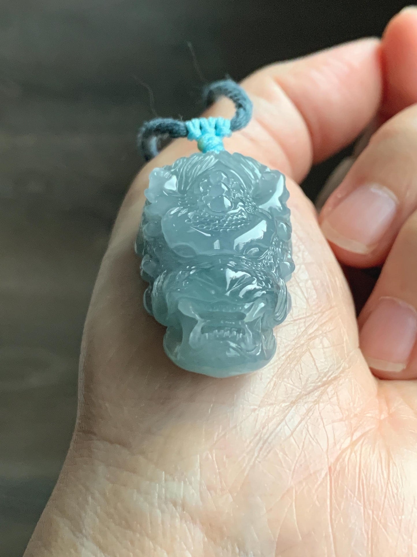 Natural Grade A Guatemalan Icy Translucent Light Dusty Blue Jade Jadeite Carved Dragon Pendant Rope Necklace 26" 18g 天然冰危蓝翡翠精工龙头吾道吊坠 WLL440L
