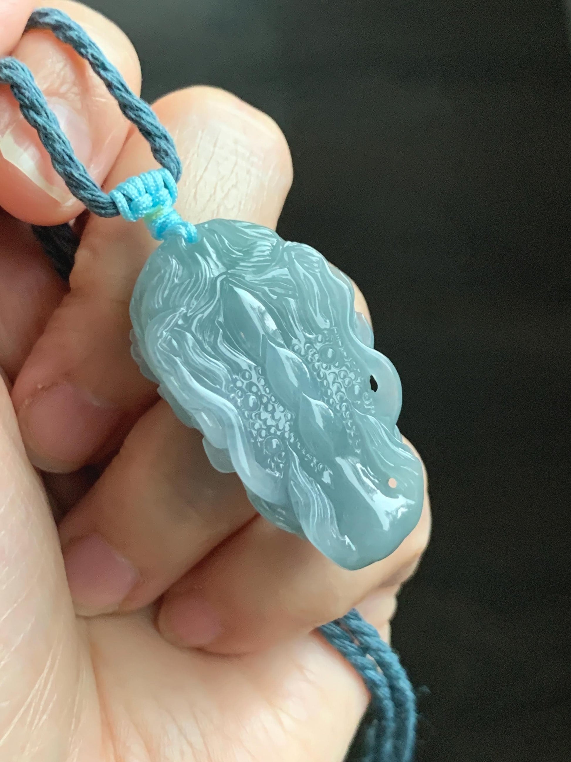Natural Grade A Guatemalan Icy Translucent Light Dusty Blue Jade Jadeite Carved Dragon Pendant Rope Necklace 26" 18g 天然冰危蓝翡翠精工龙头吾道吊坠 WLL440L