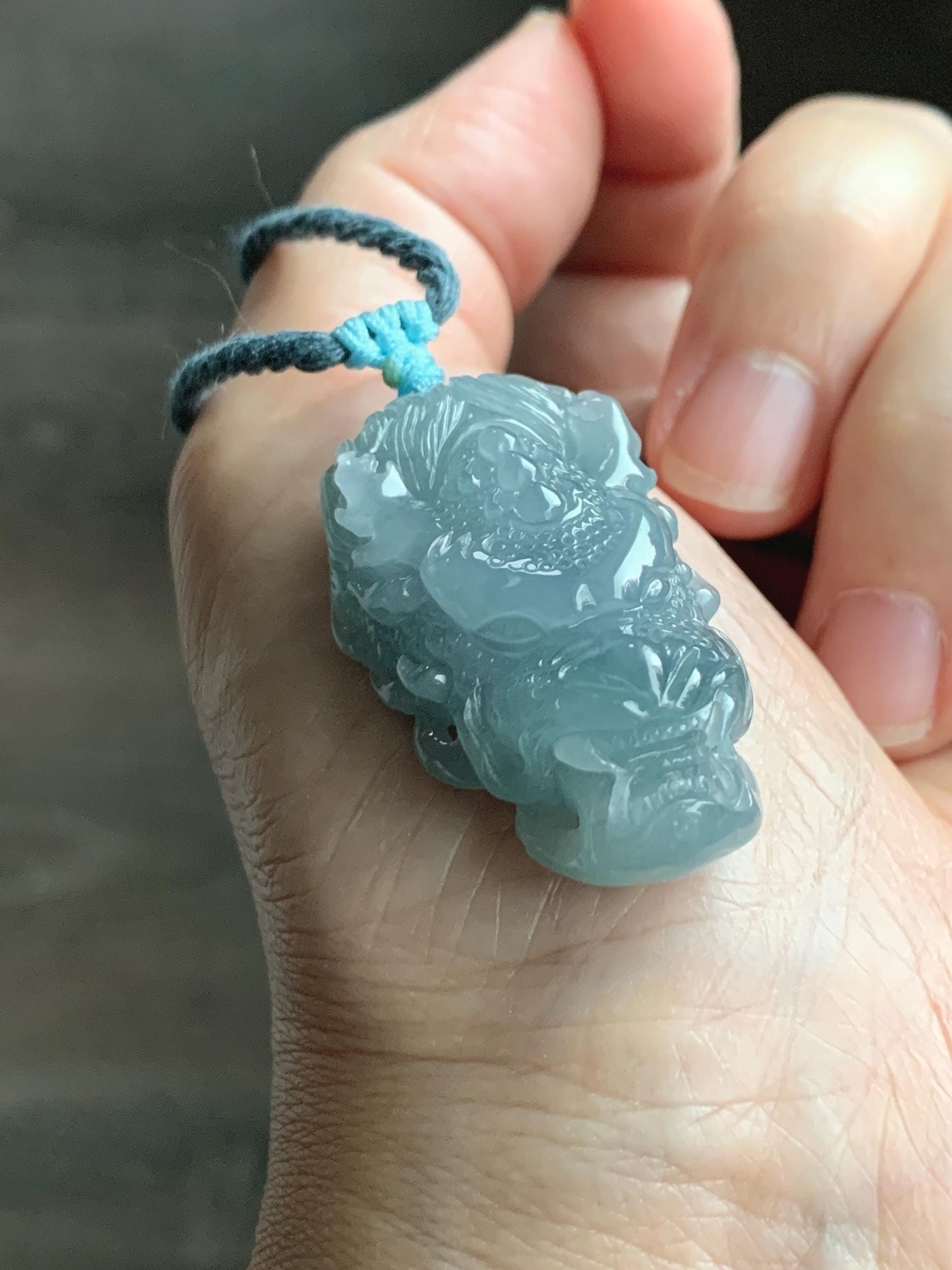 Natural Grade A Guatemalan Icy Translucent Light Dusty Blue Jade Jadeite Carved Dragon Pendant Rope Necklace 26" 18g 天然冰危蓝翡翠精工龙头吾道吊坠 WLL440L
