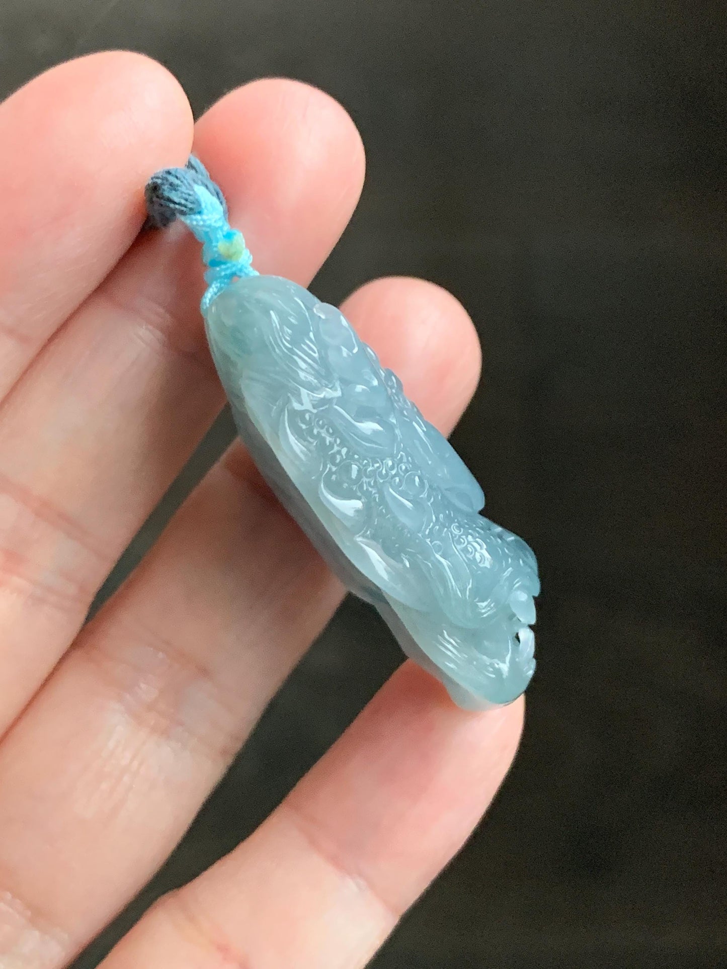 Natural Grade A Guatemalan Icy Translucent Light Dusty Blue Jade Jadeite Carved Dragon Pendant Rope Necklace 26" 18g 天然冰危蓝翡翠精工龙头吾道吊坠 WLL440L