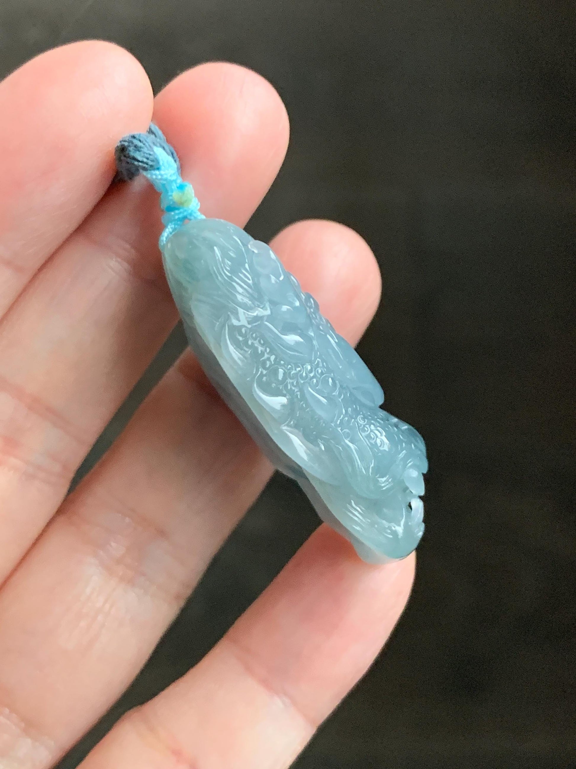 Natural Grade A Guatemalan Icy Translucent Light Dusty Blue Jade Jadeite Carved Dragon Pendant Rope Necklace 26" 18g 天然冰危蓝翡翠精工龙头吾道吊坠 WLL440L